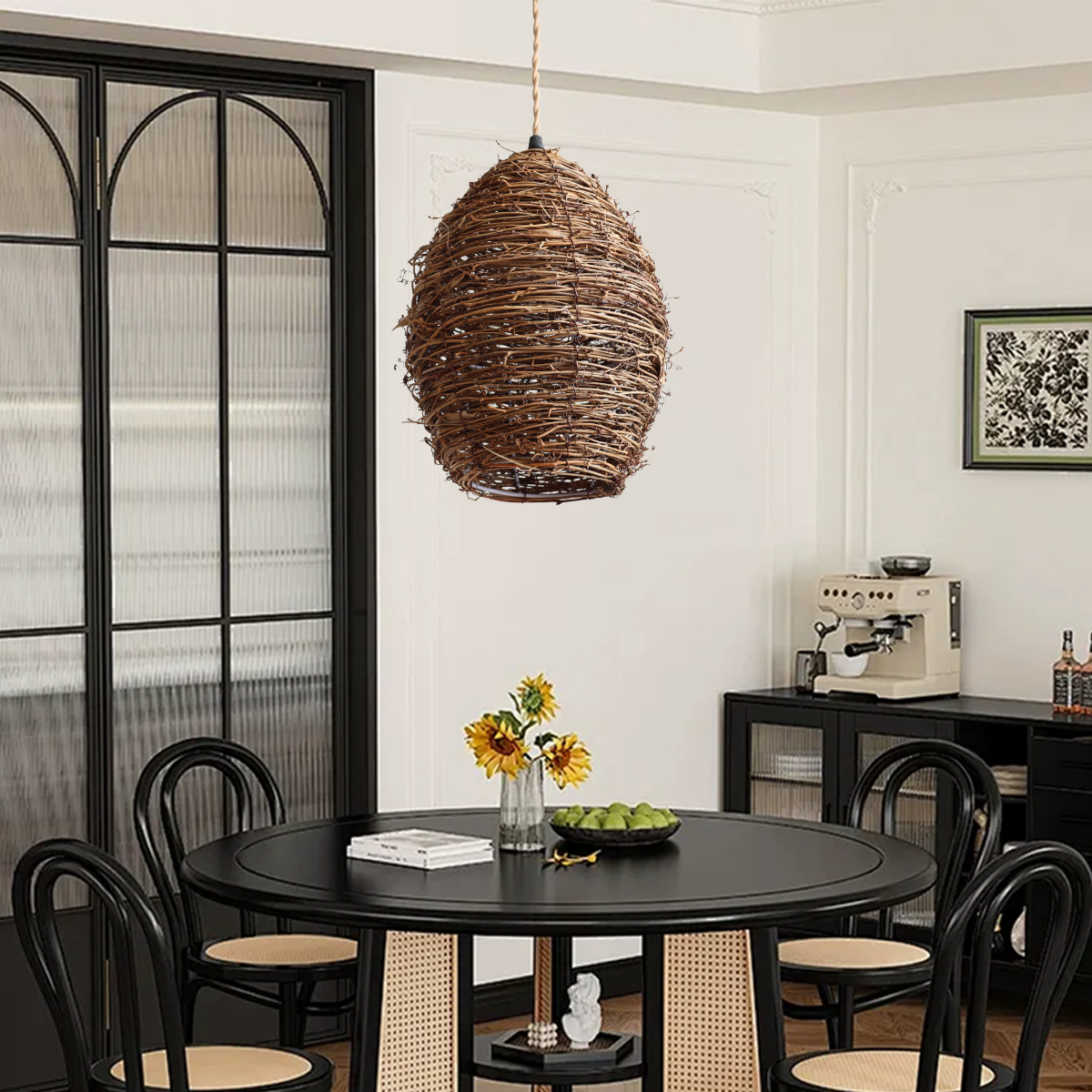 Handcrafted Rustic Woven Rattan and Iron Pendant Light