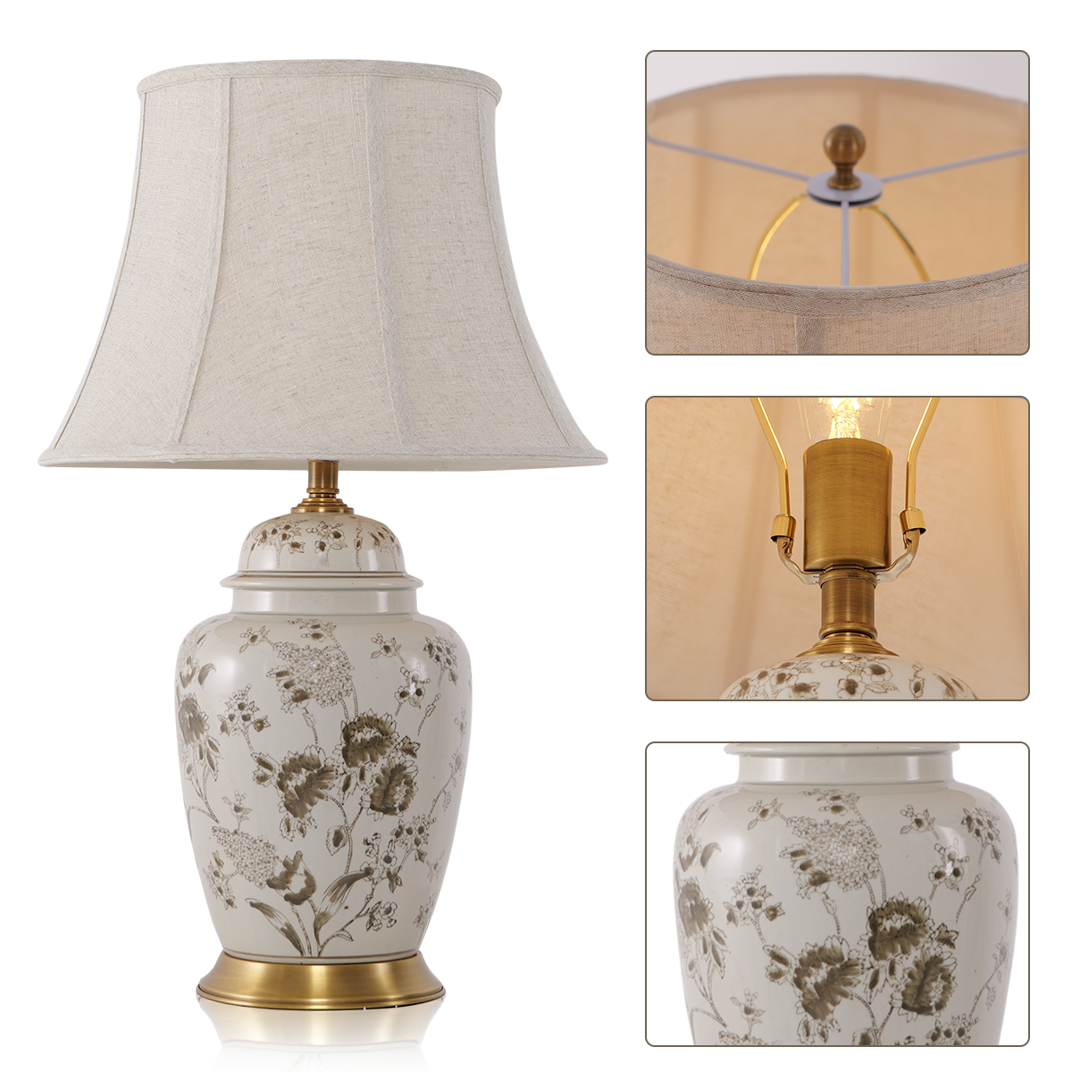 Chrysanthemum Ceramic and Copper Table Lamp with Fabric Shade