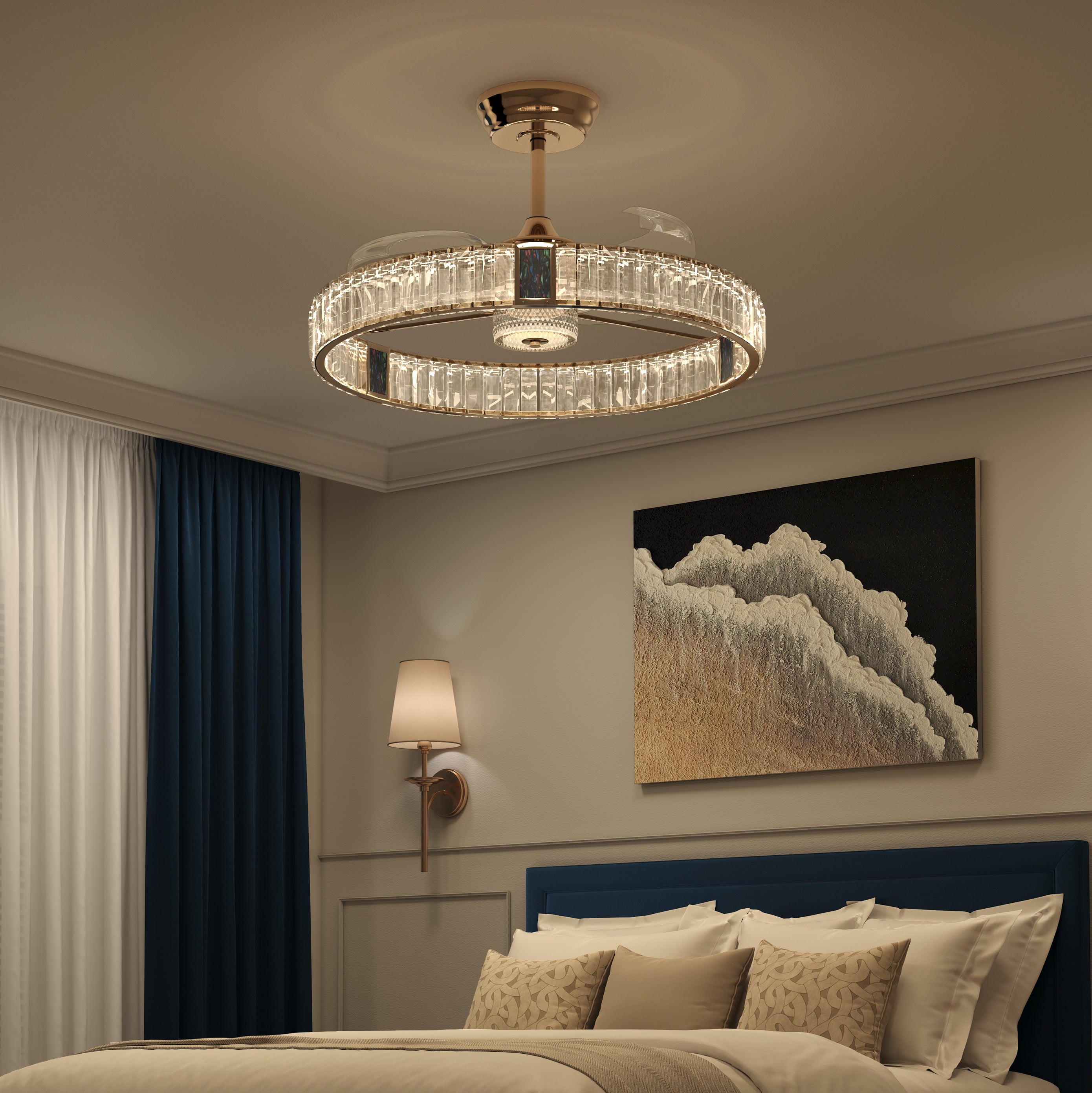 Crystal accent ceiling fan light in gold finish with 6-speed remote control