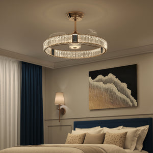 Crystal accent ceiling fan light in gold finish with 6-speed remote control