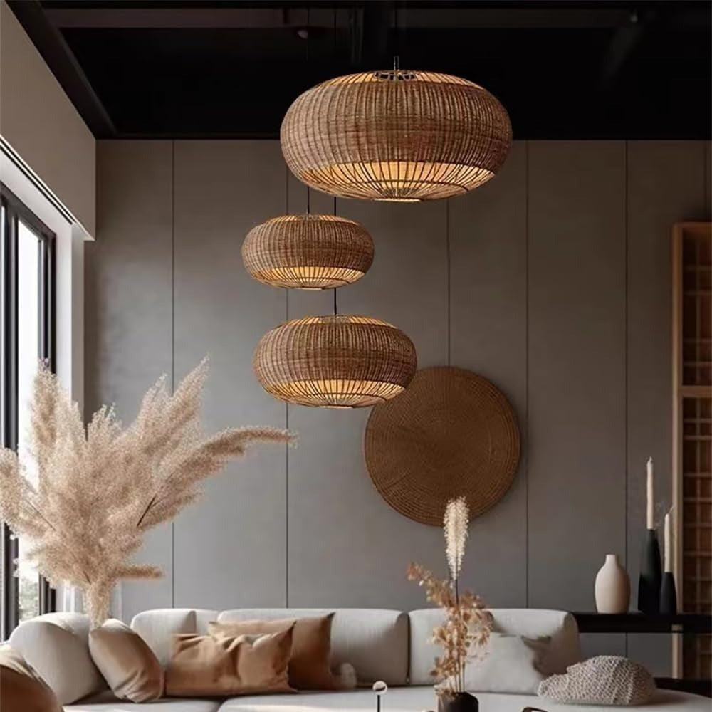 Handcrafted Rattan Pendant Light in Flat Round Basket Shape