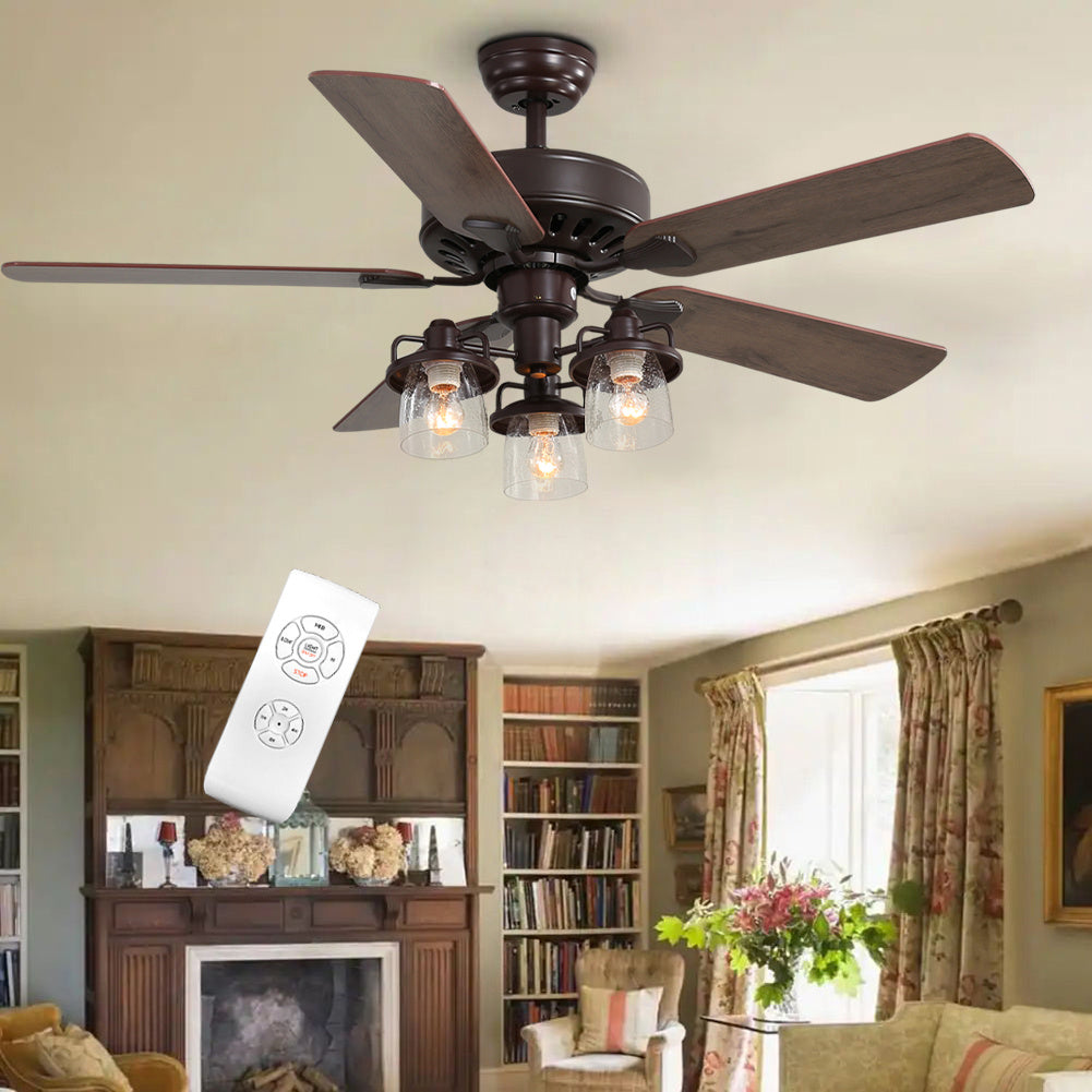 Wooden Ceiling Fan With 3 Head Lights & Remote