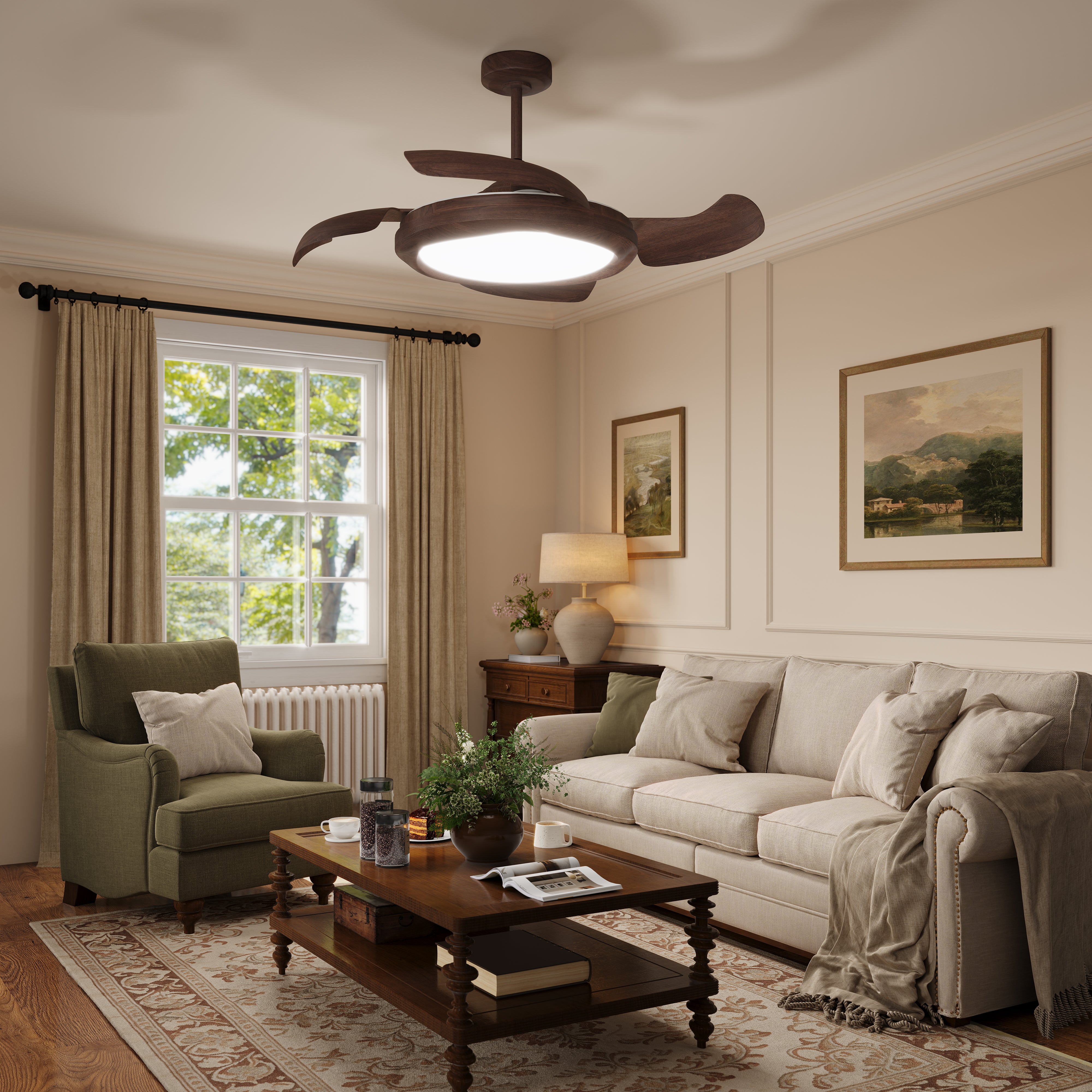 Walnut effect ceiling fan light with cool white LED in a traditional living room