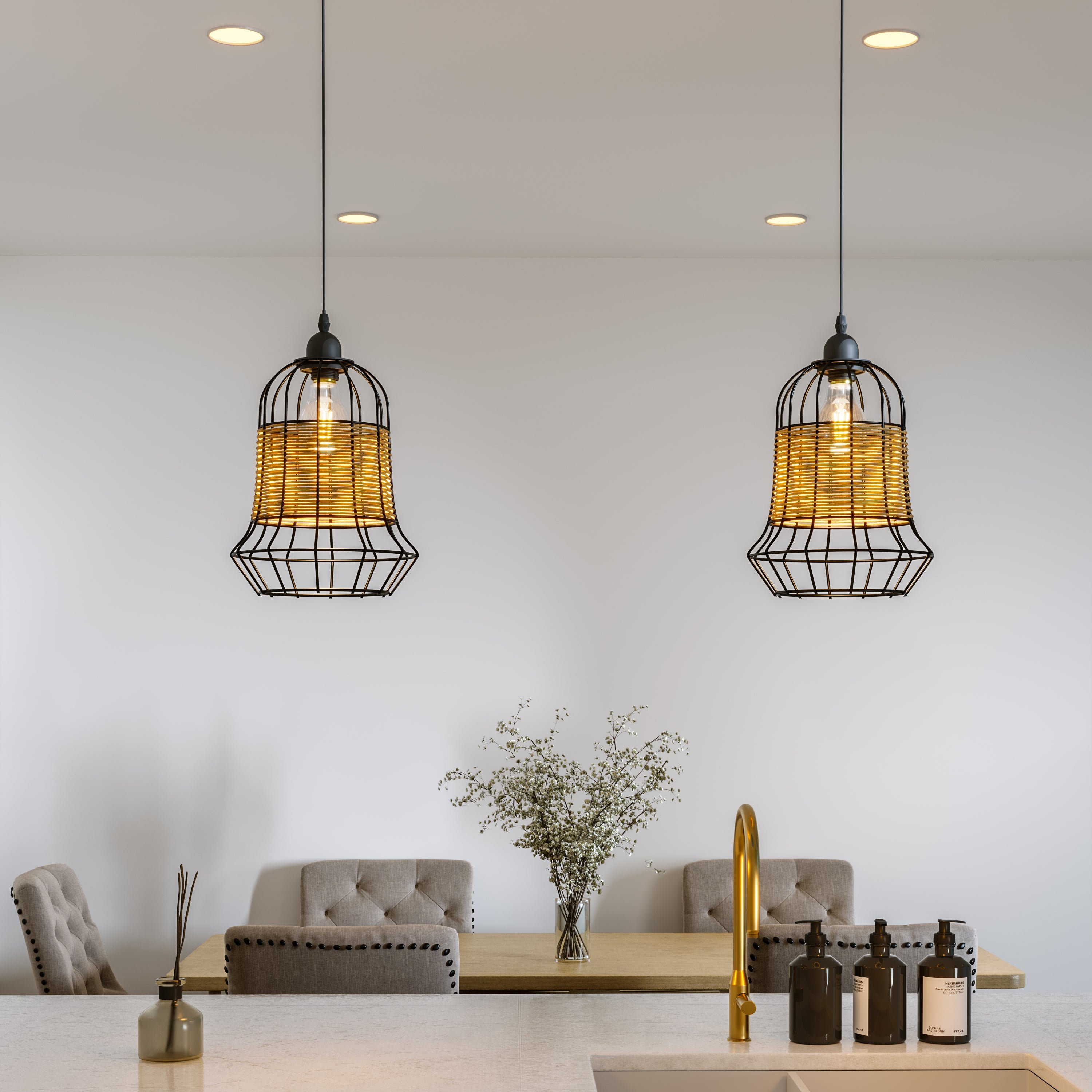 Glyph-Glyph - Rattan & Iron Bar Pendant Light | Basket-Weave Kitchen Island Lighting