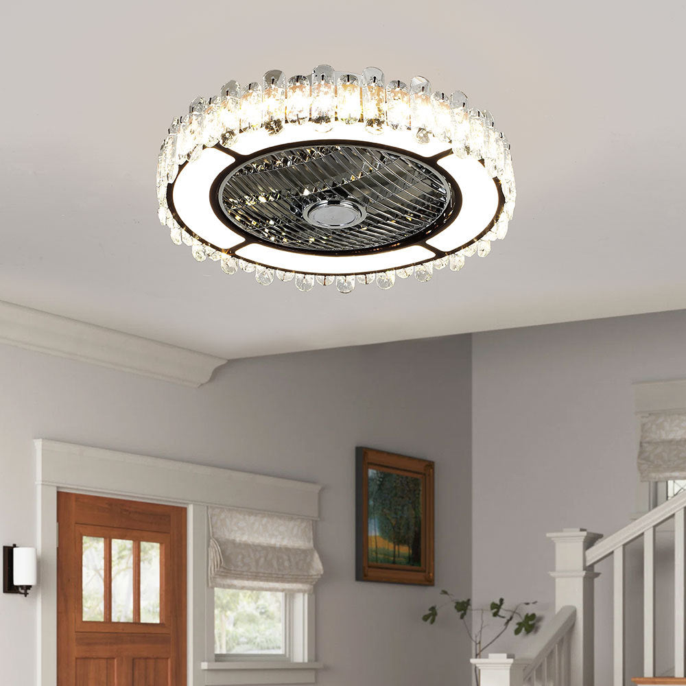 Round Crystal Flush Mount LED Tri-Colour Temperature Ceiling Fan Light