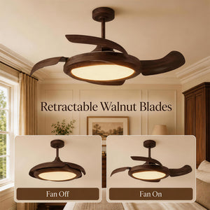 Retractable walnut effect fan blades shown in fan off and fan on positions