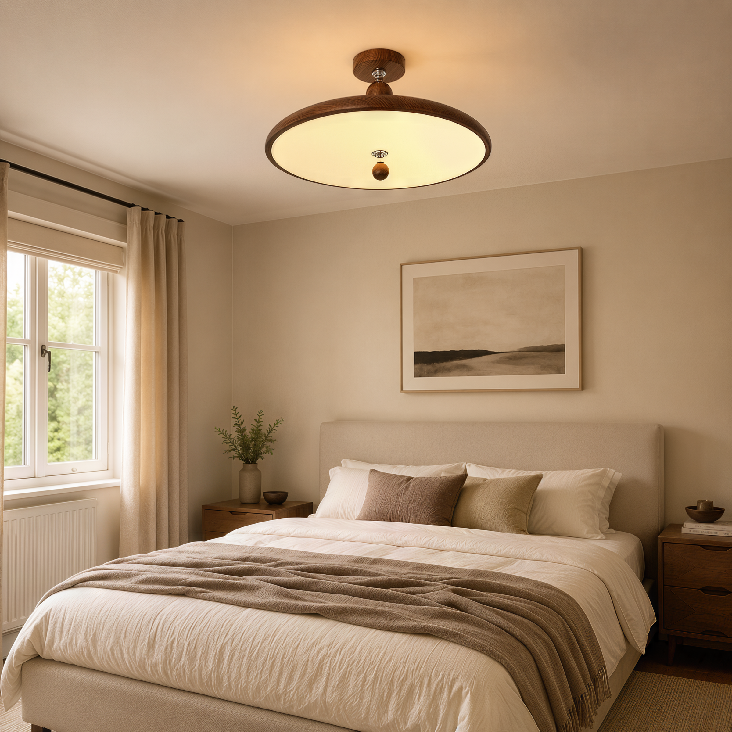 walnut two-globe flush ceiling light brightening a living room