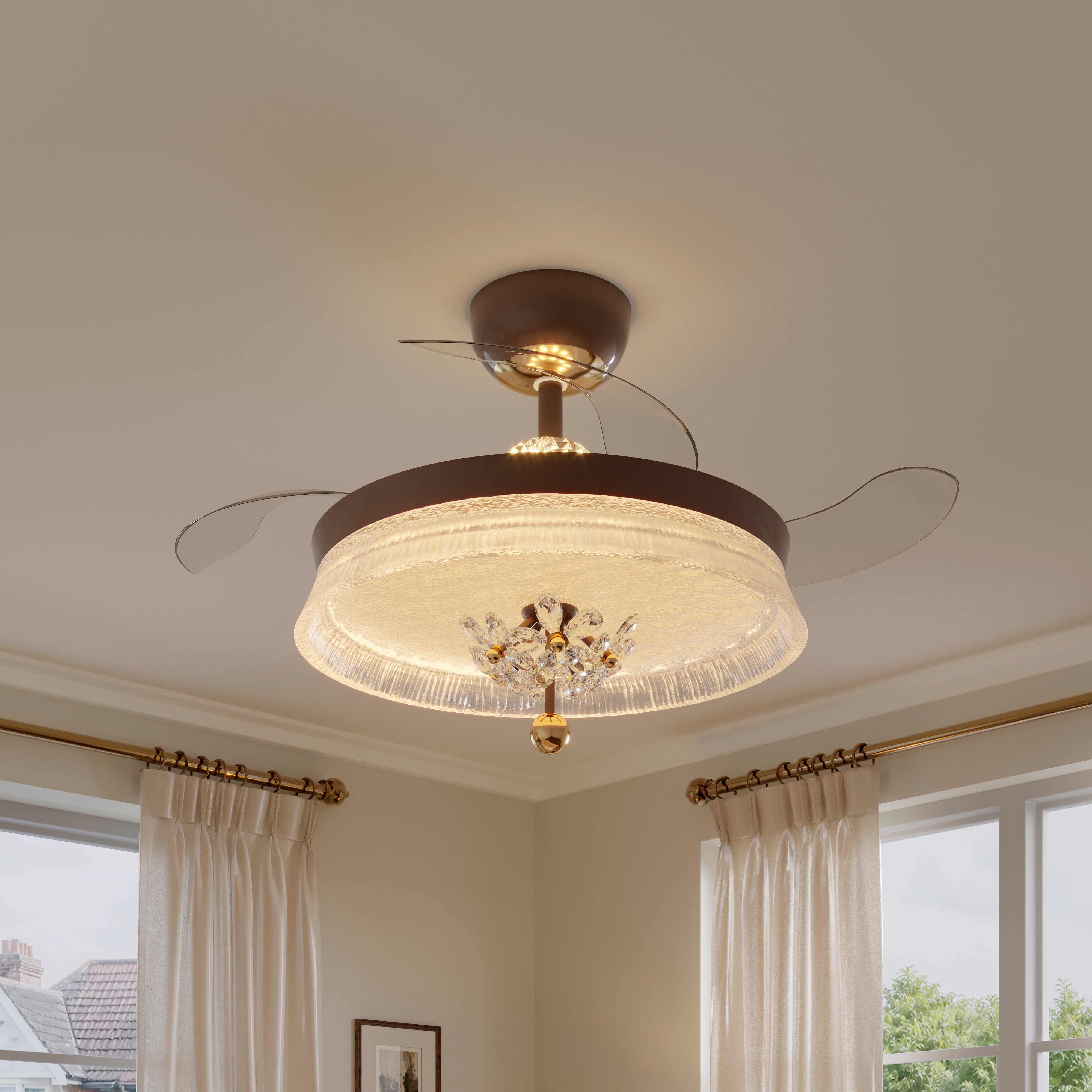 36 inch ceiling fan with dimmable LED light installed in a living room
