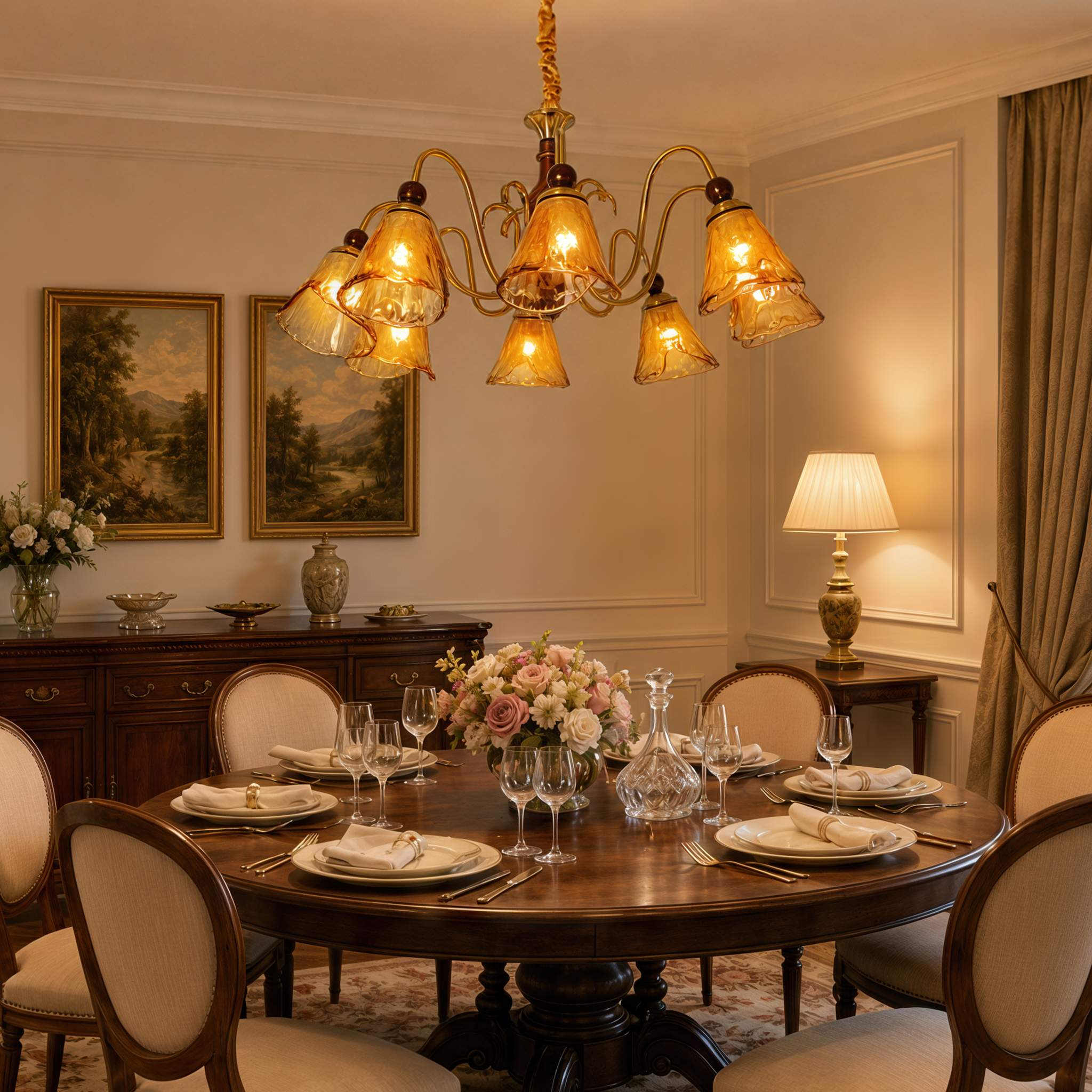 8-light walnut chandelier with amber cut glass shades brightening a traditional dining room