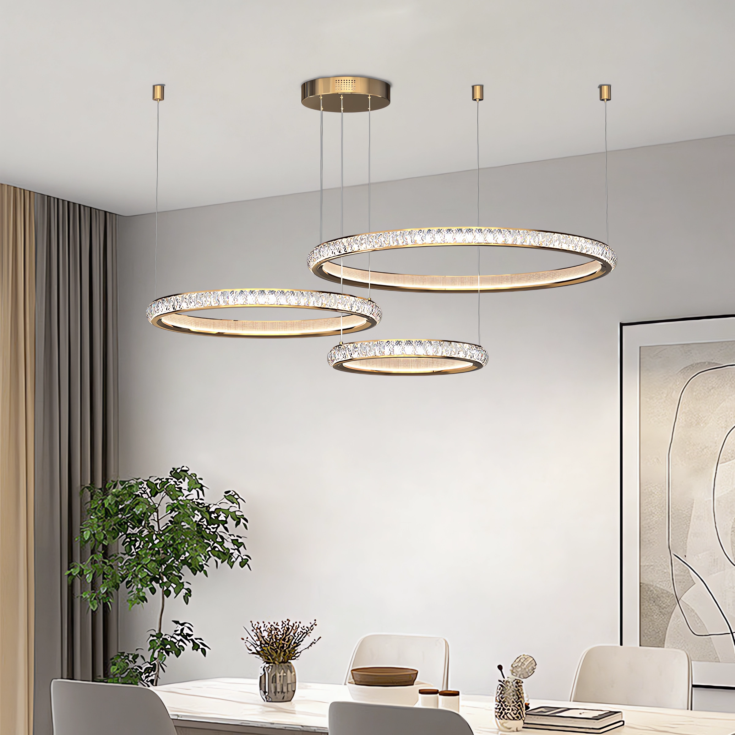 Modern Crystal LED Triple-Ring Pendant Light