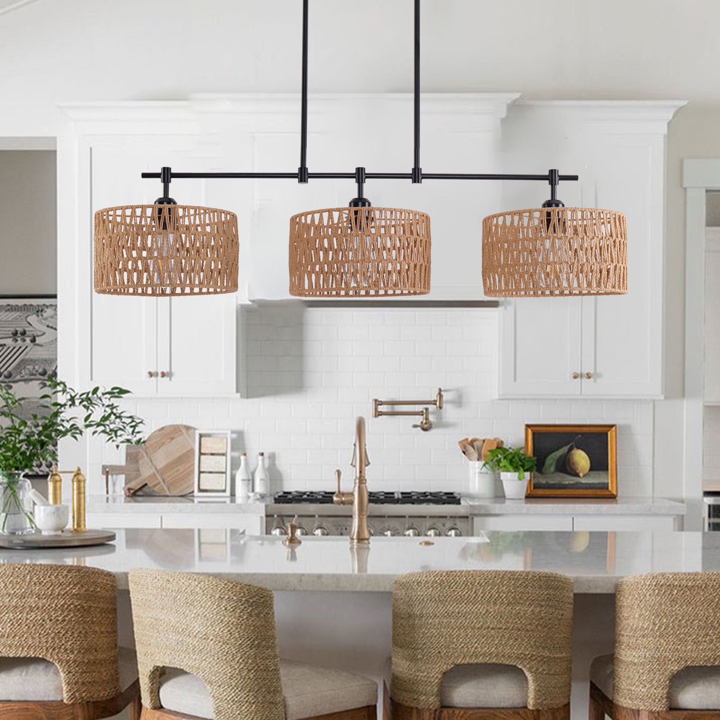 Eco-Friendly Handwoven Pendant Light with 3 Lampshades for Kitchen Island