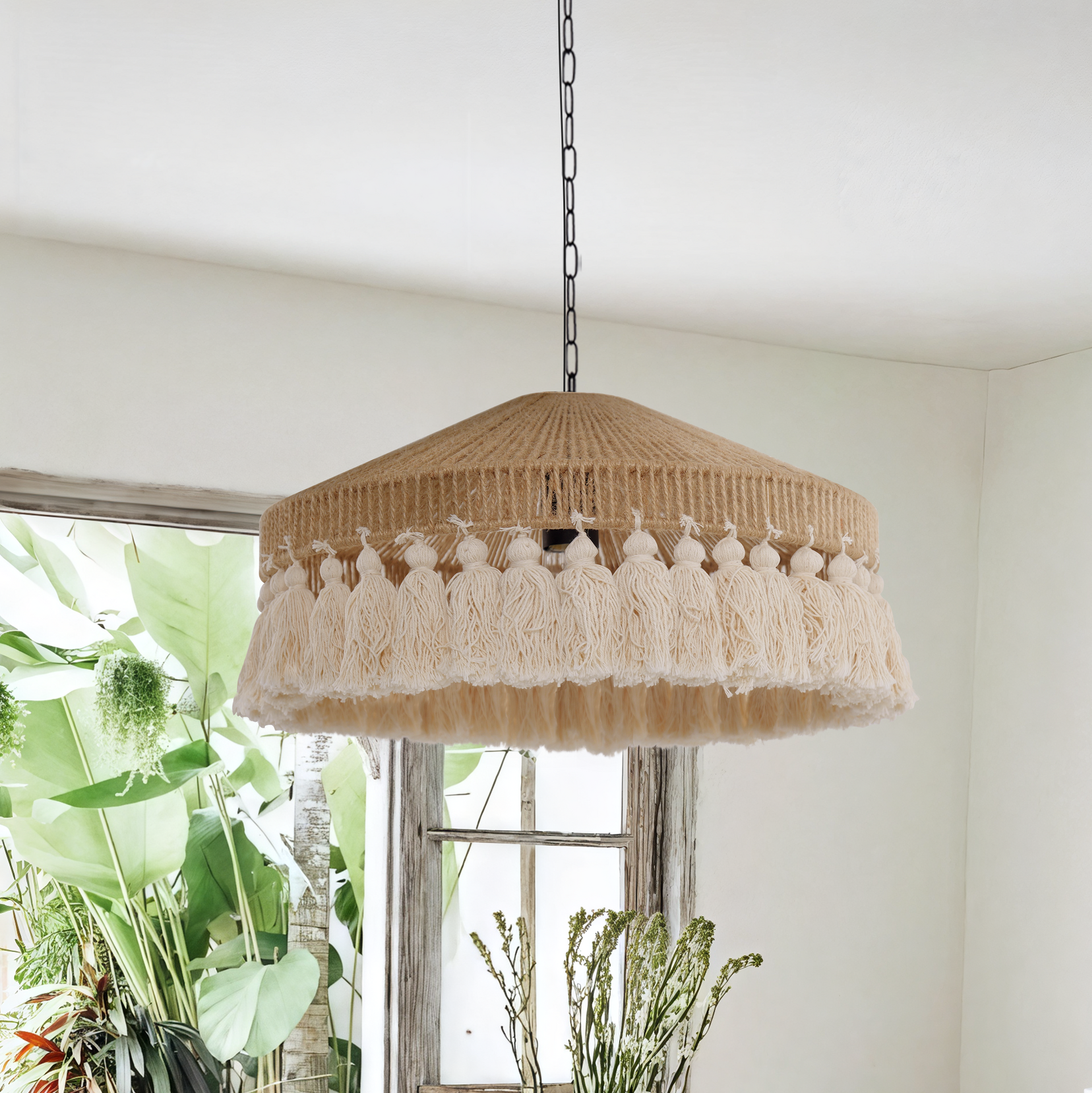 Boho Woven Pendant Light Tassels Handcrafted Hemp Rope Hanging Ceiling Light Dining Room & Living Room