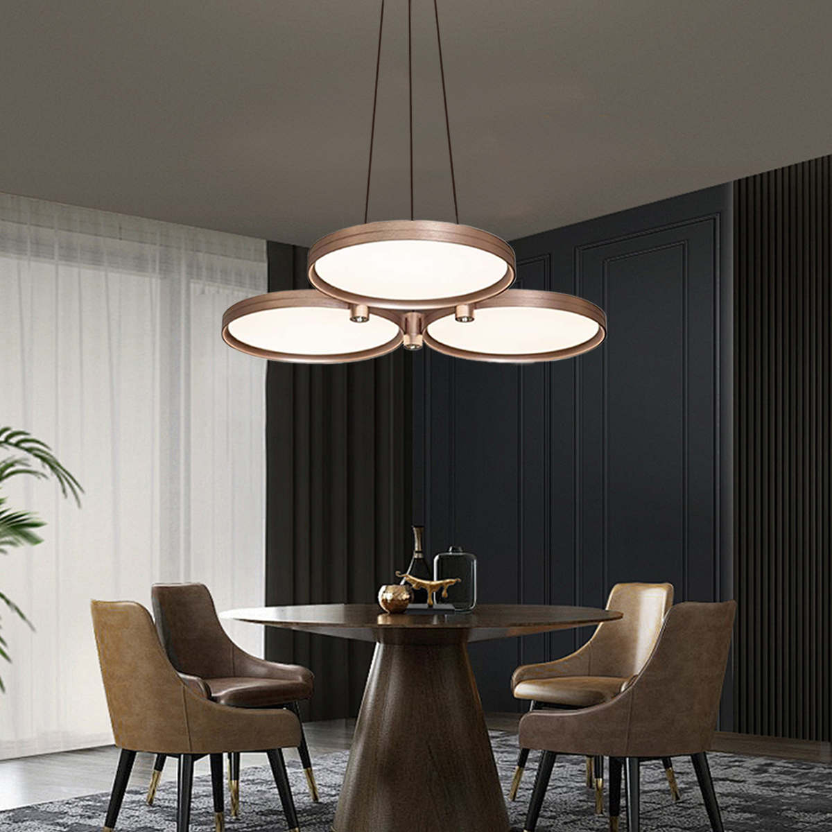 Champagne Gold Triple-Ring Stepless Dimming Pendant Light