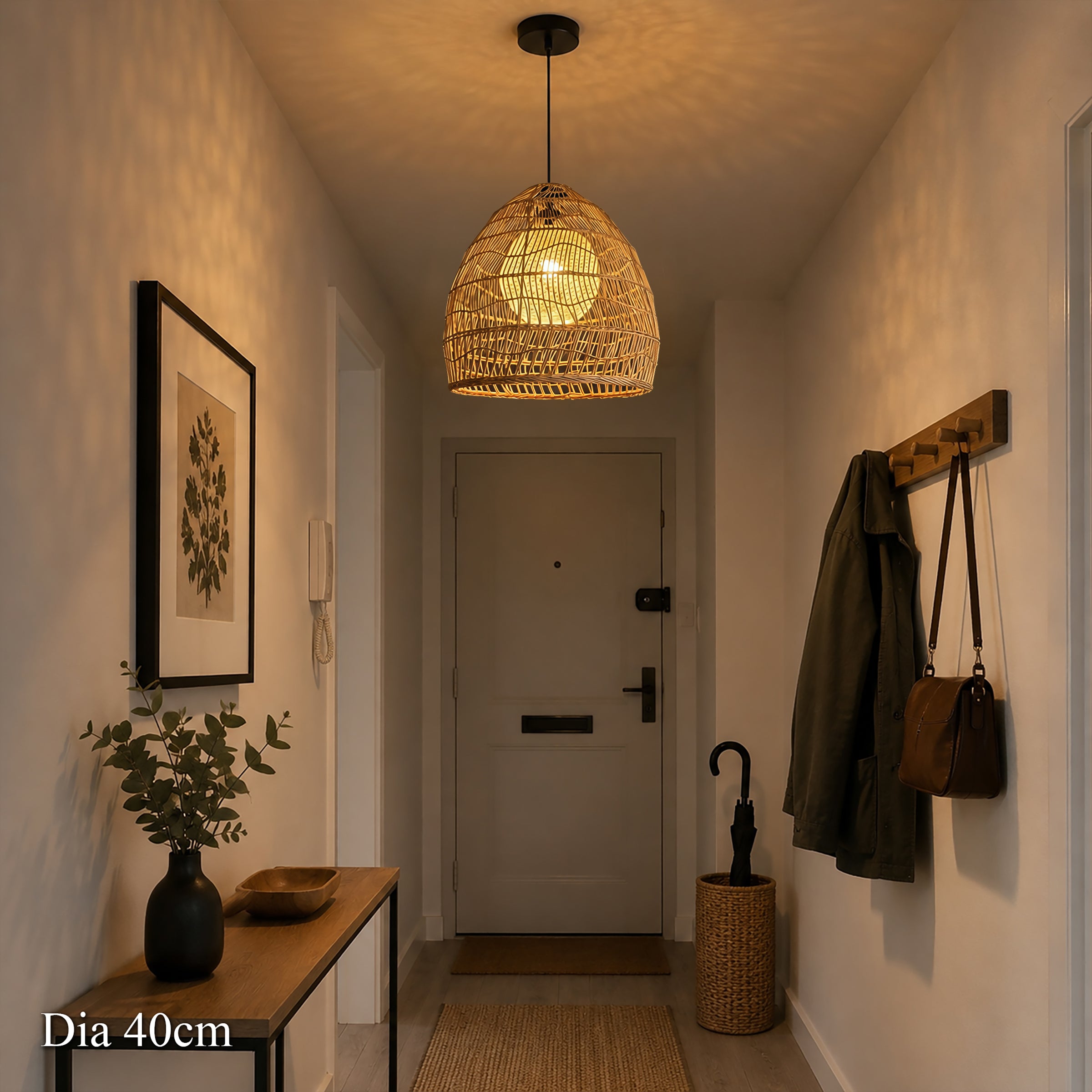 50cm rattan pendant light with yellow inner sphere above a dining table