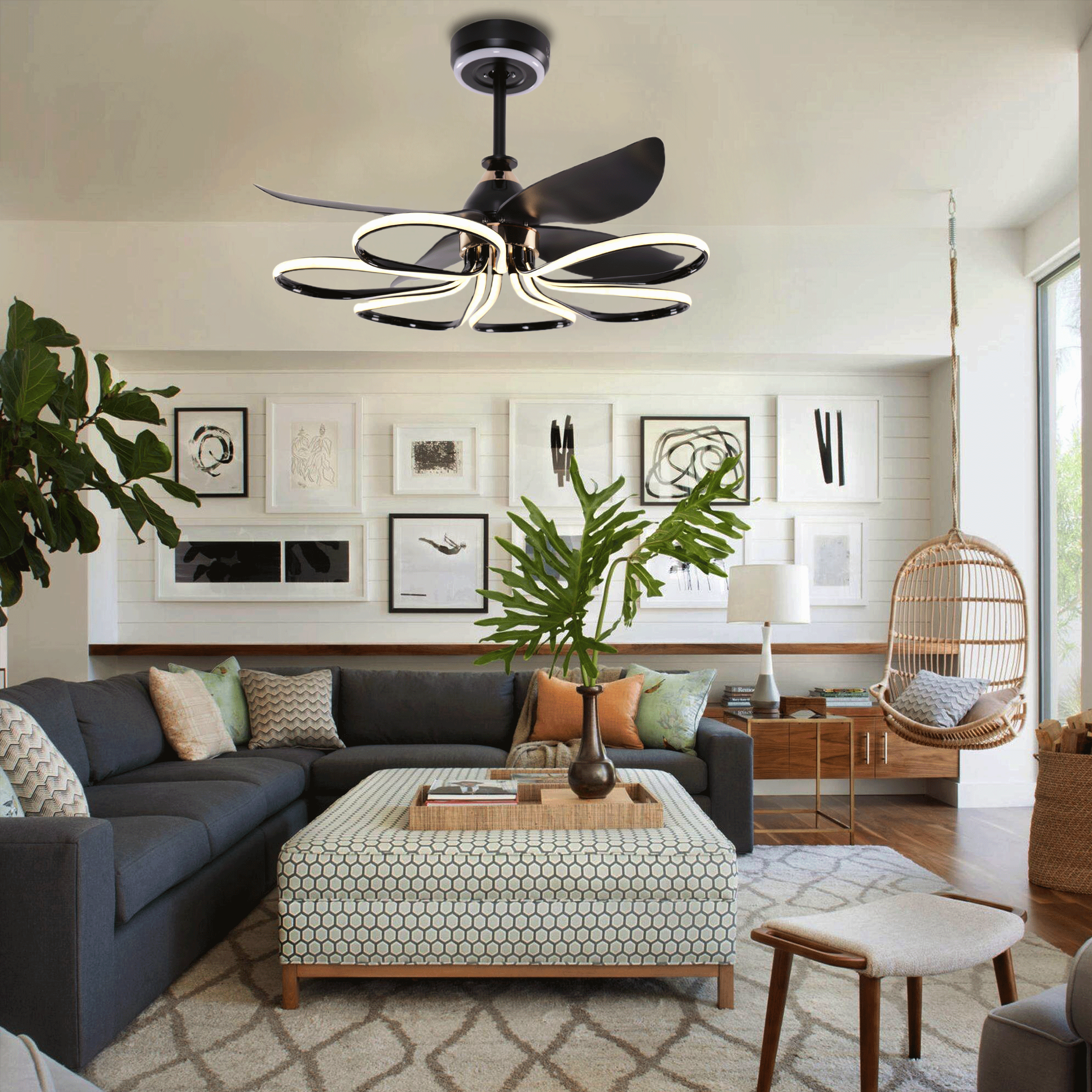 Contemporary Aluminum Black Ceiling Fan with Light for Living Rooms