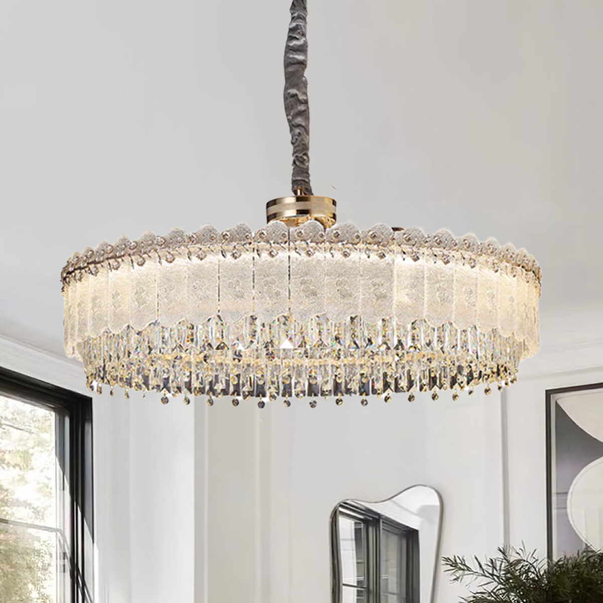 Contemporary Oval & Round Crystal Pendant Ceiling Light Dimmable Fixture