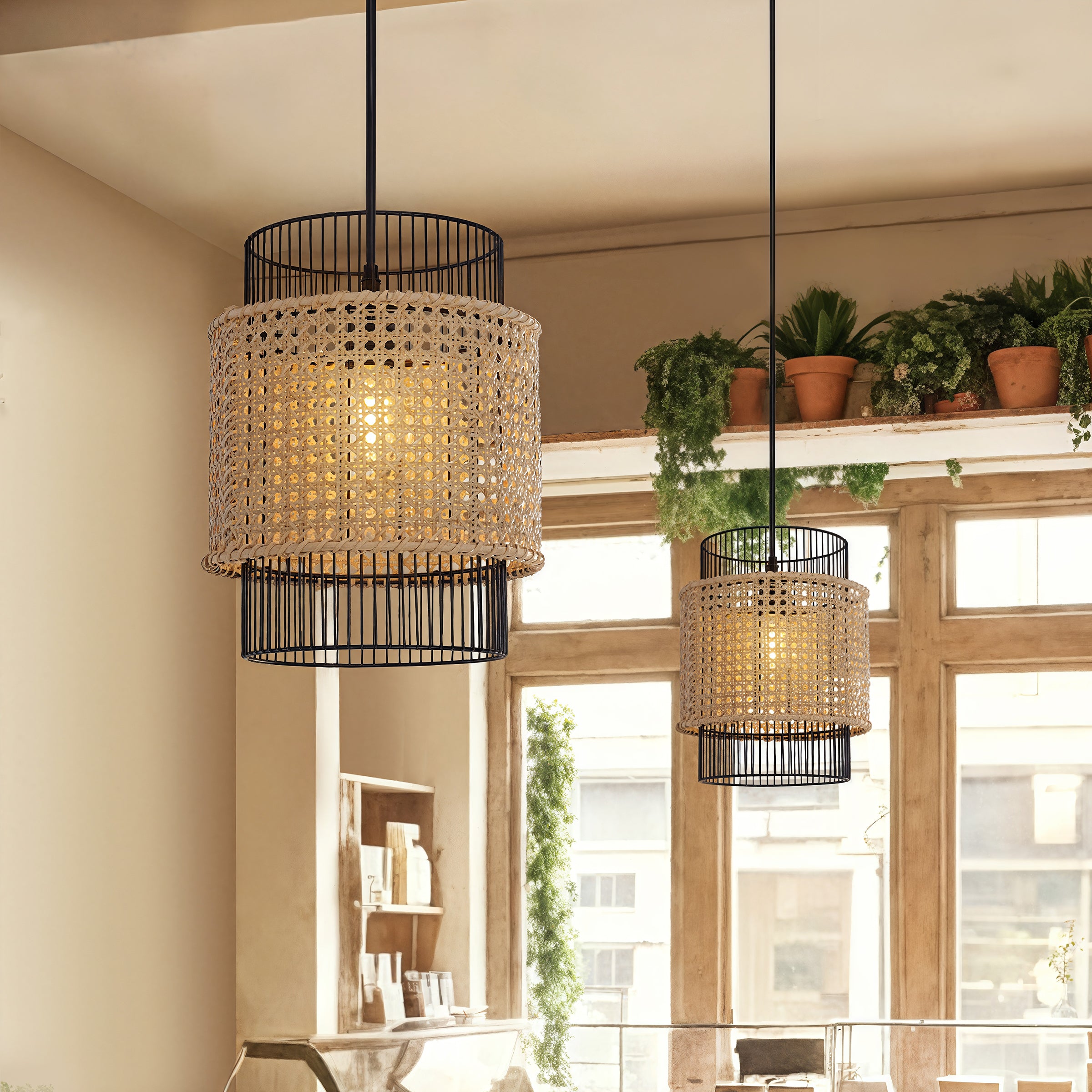 Glyph-Elegant Black Frame Rattan Pendant Light | Modern Kitchen Pendant Lighting