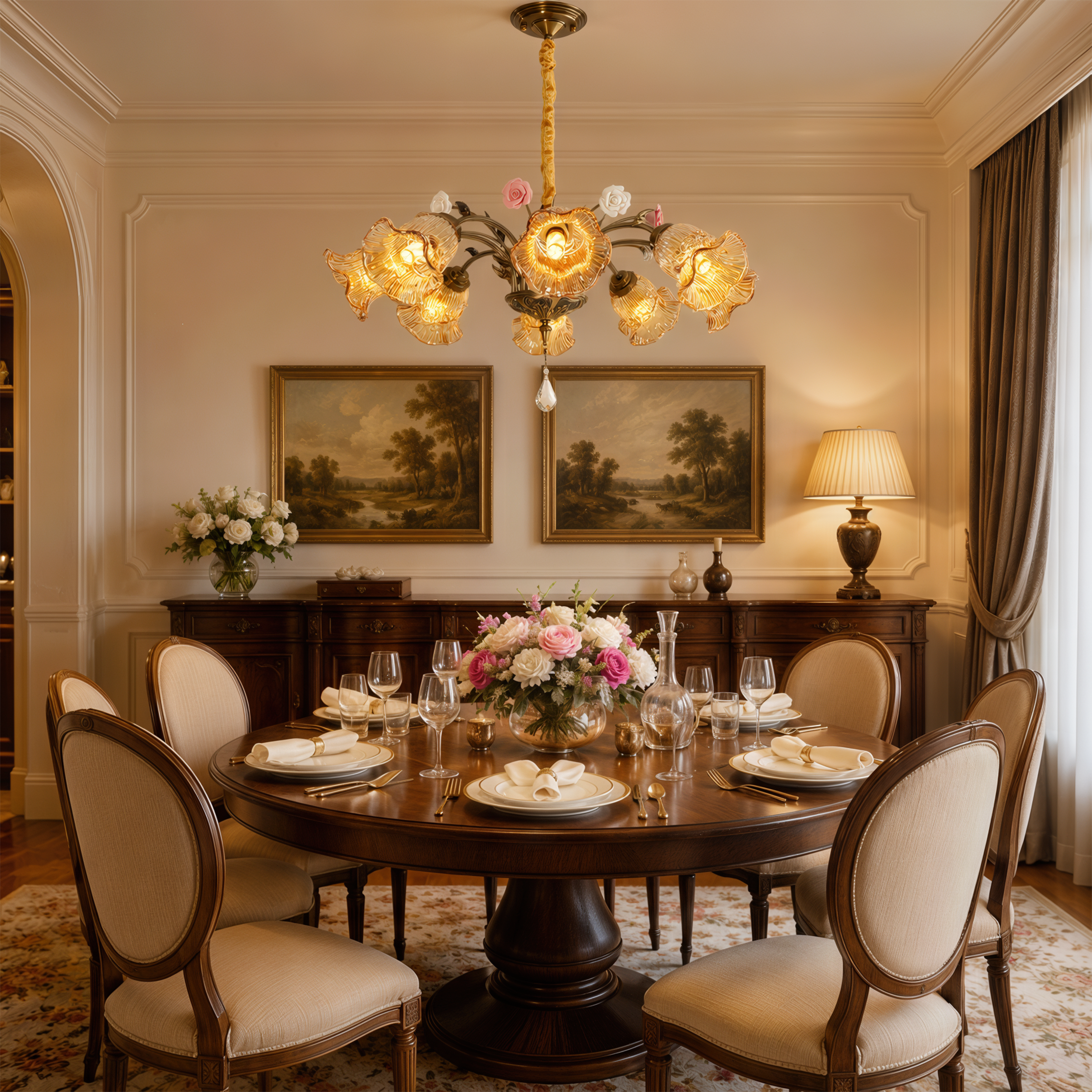 antique bronze chandelier with amber flower shades with canopy and shade details