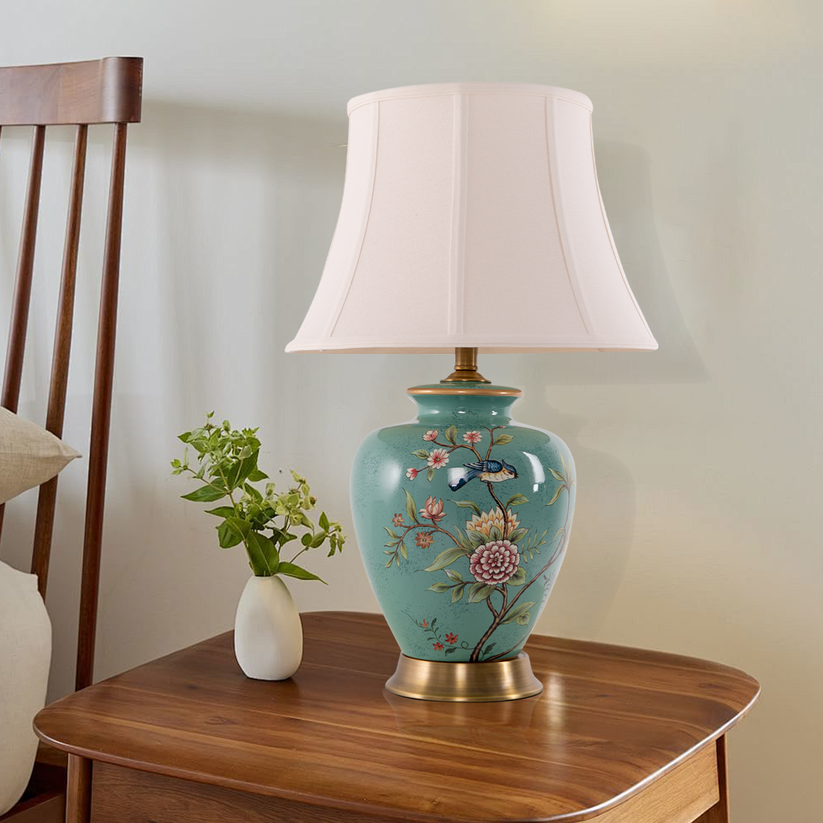 Vintage Green Floral Ceramic Table Lamp with Fabric Shade