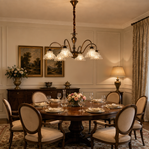 gold 6-light floral glass chandelier with close-up glass flower detail