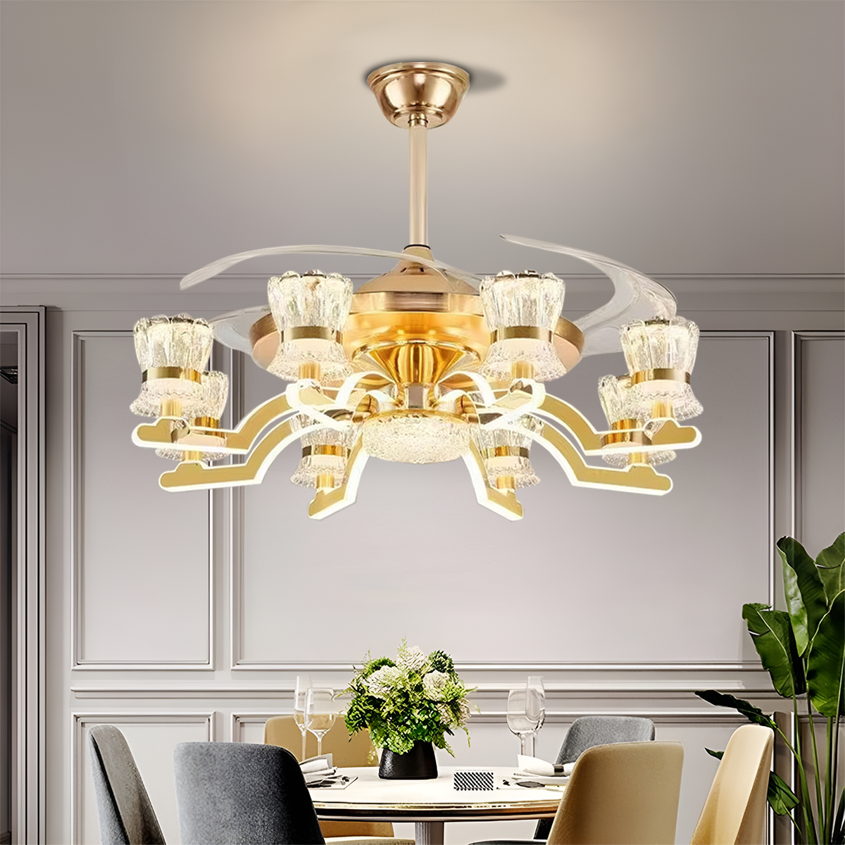 Elegant Gold Copper Crystal Fan Light