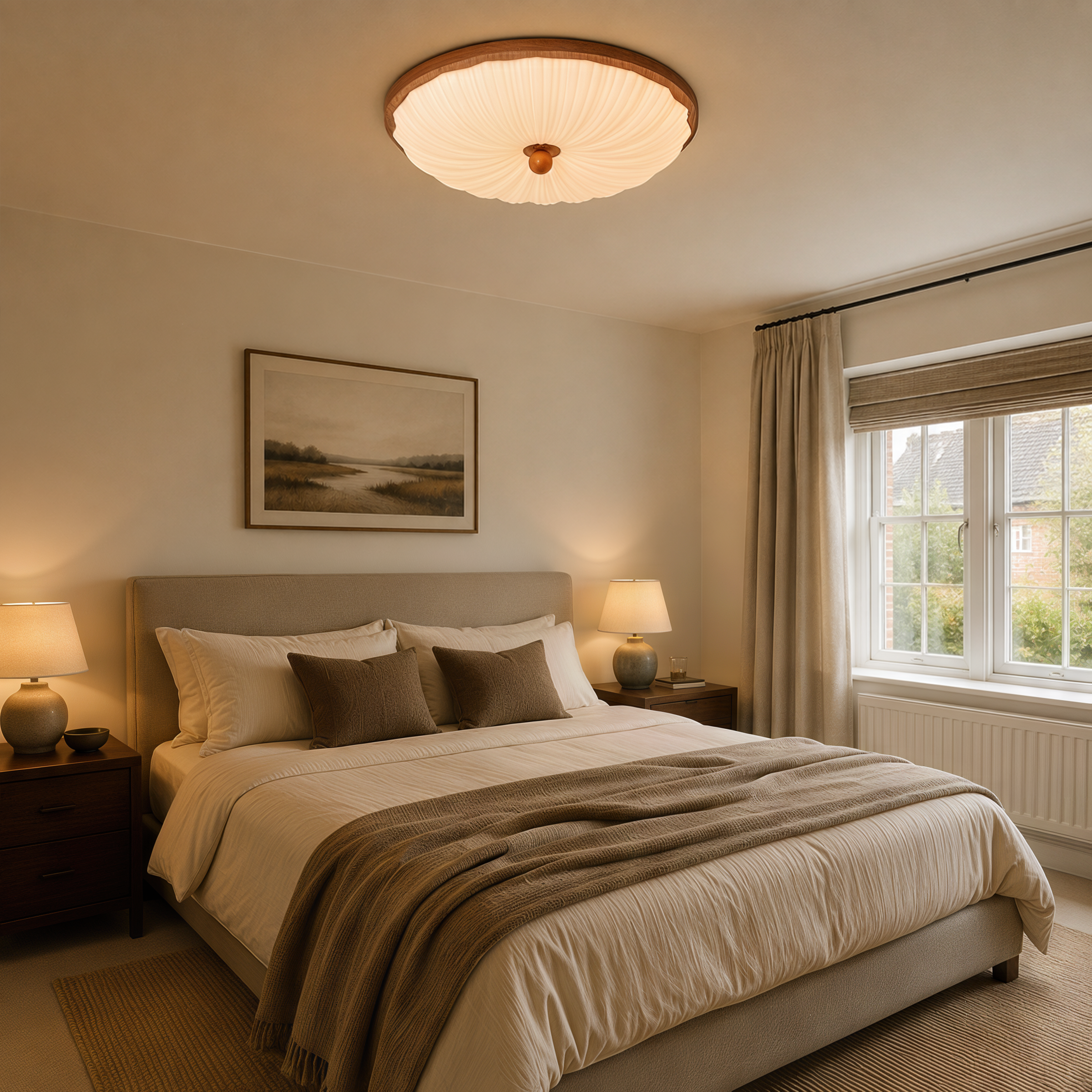walnut scalloped acrylic ceiling light adding warm light to a bedroom