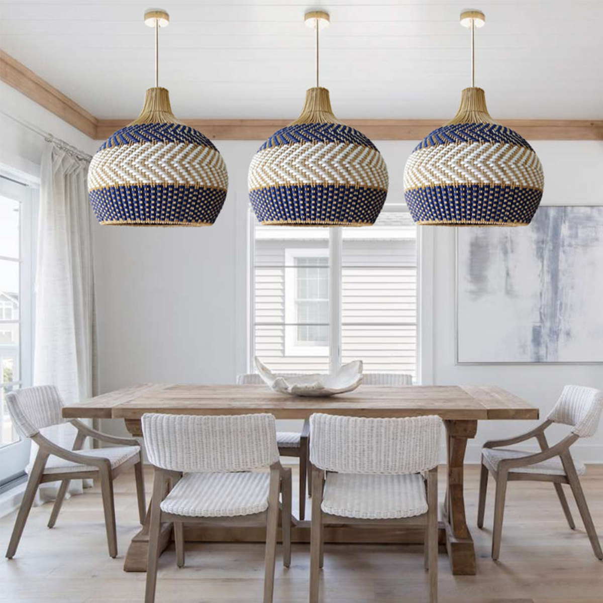 Handwoven Blue and White Rattan Pendant Light