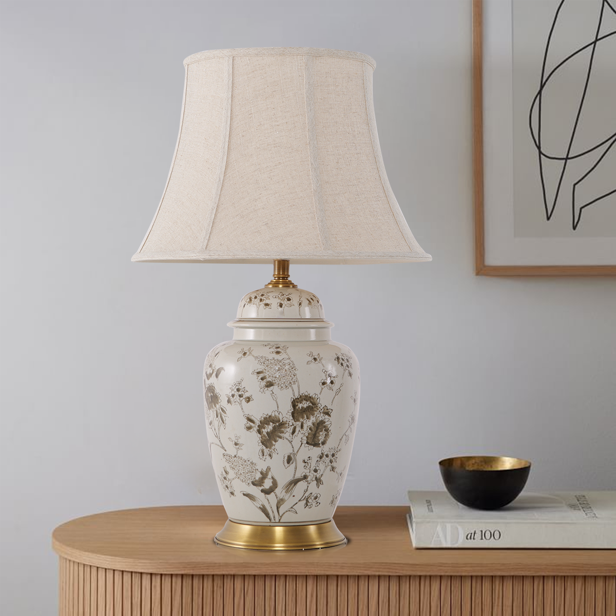 Chrysanthemum Ceramic and Copper Table Lamp with Fabric Shade