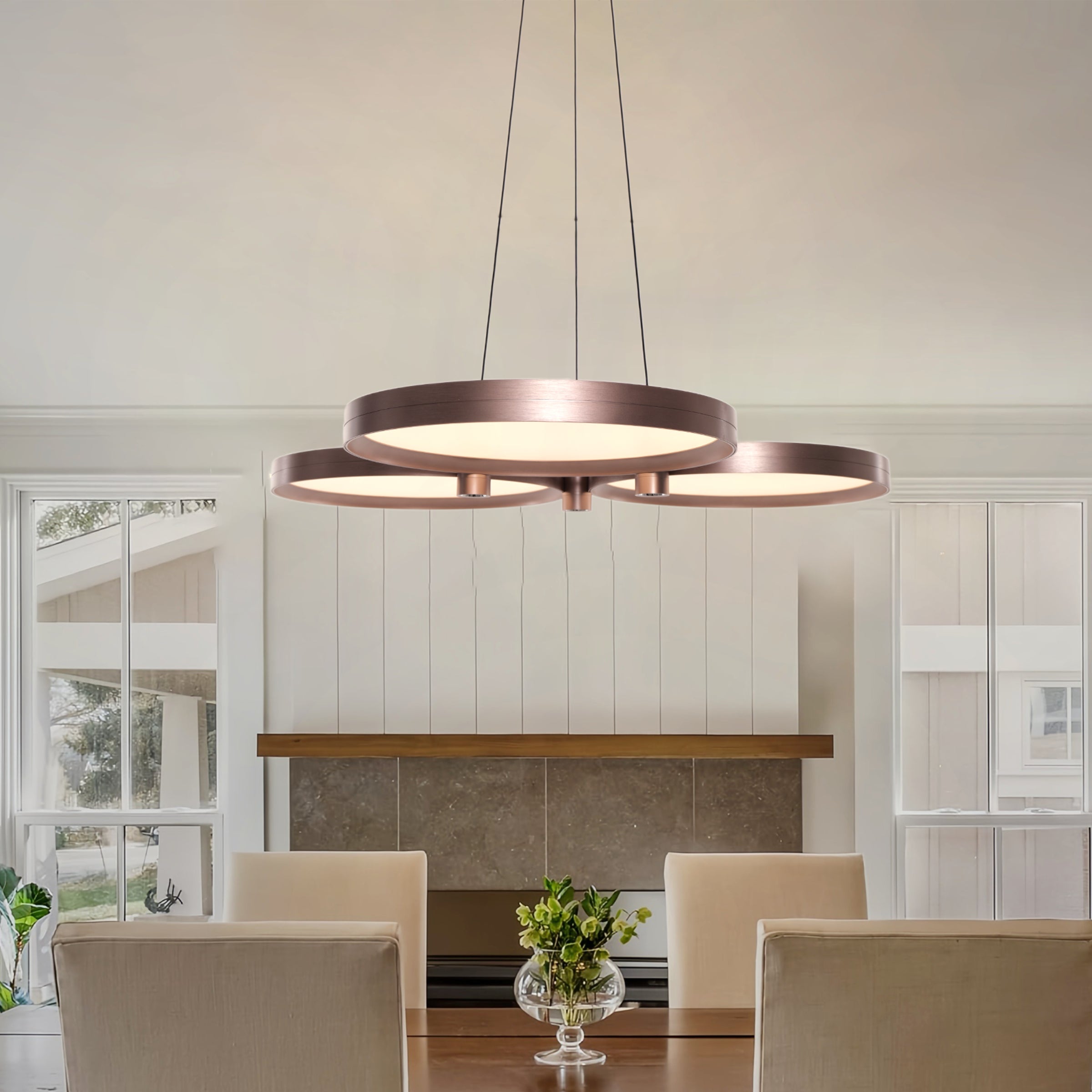 Champagne Gold Triple-Ring Stepless Dimming Pendant Light