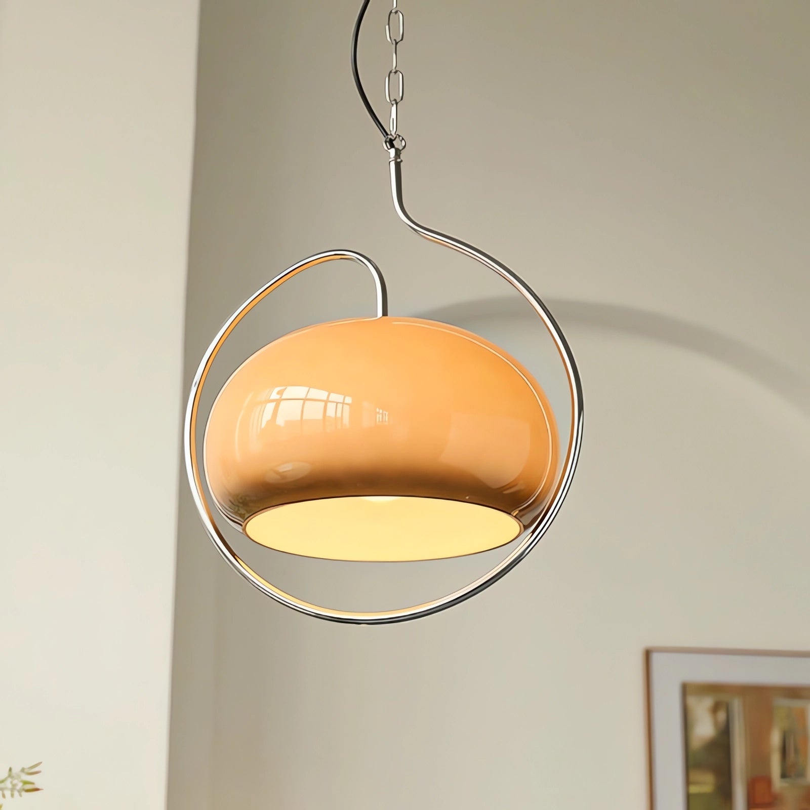 Sculptural Orange Glass Pendant Light with Curved Metal Frame