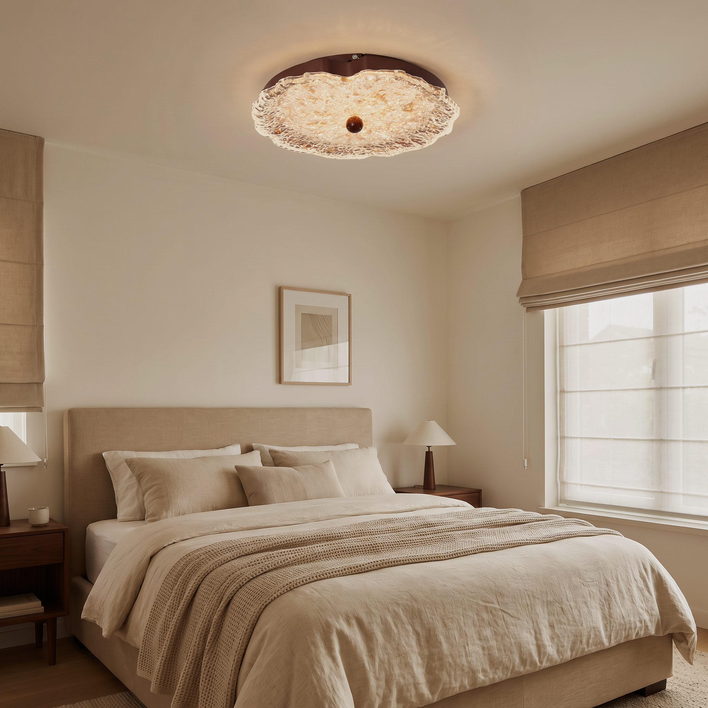 walnut ripple acrylic ceiling light adding warm light to a bedroom