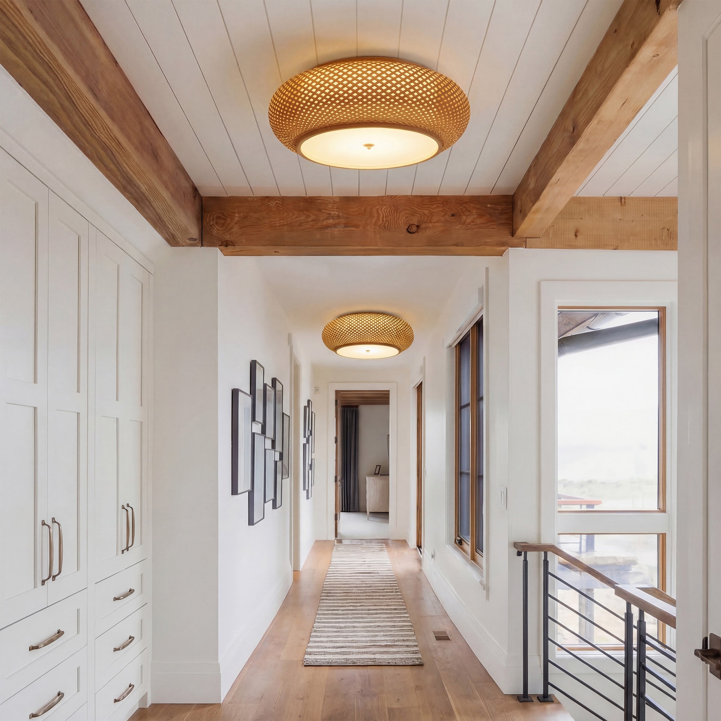 bamboo ceiling lights along a wood beam hallway
