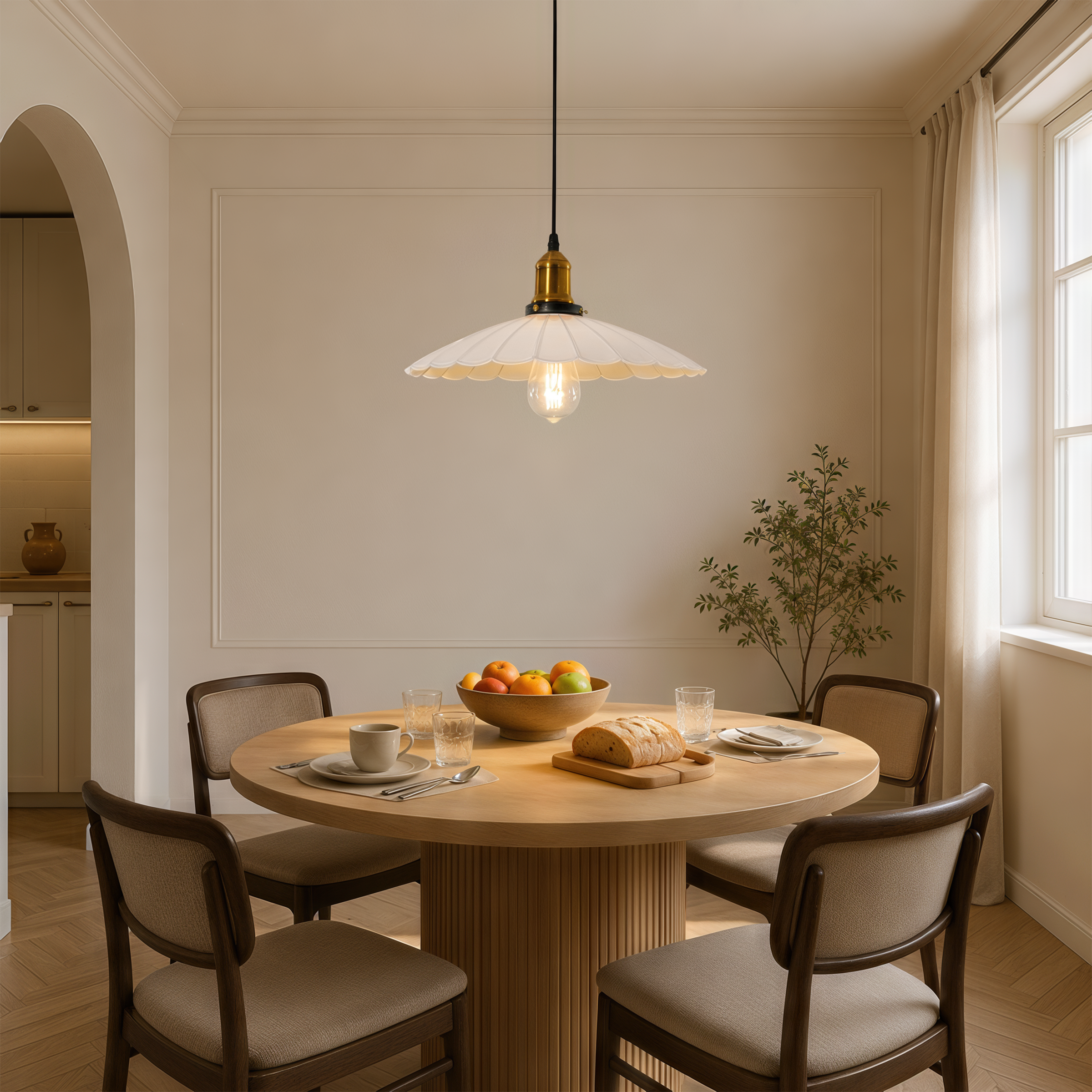 white iron pendant light in a warm living room