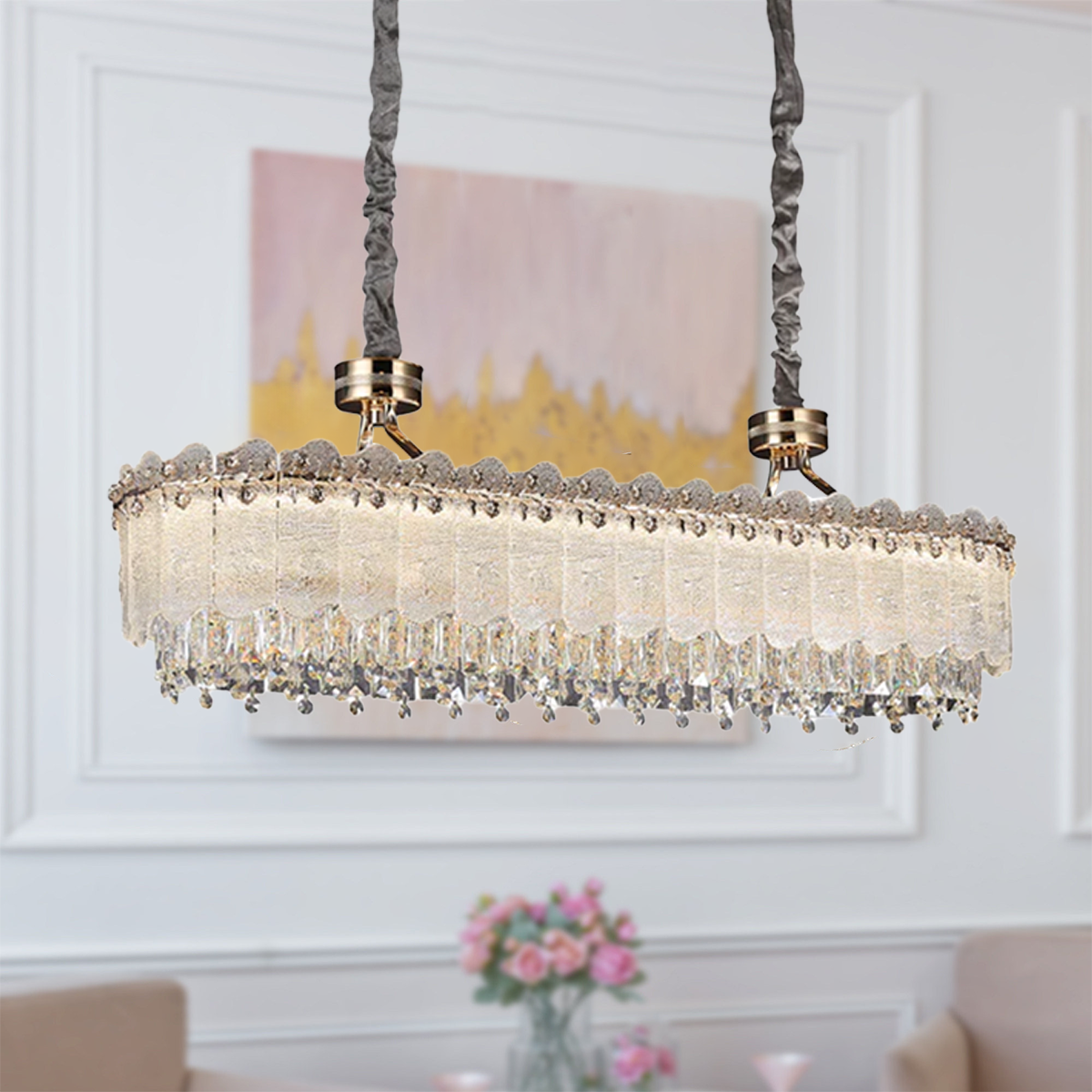 Contemporary Oval & Round Crystal Pendant Ceiling Light Dimmable Fixture