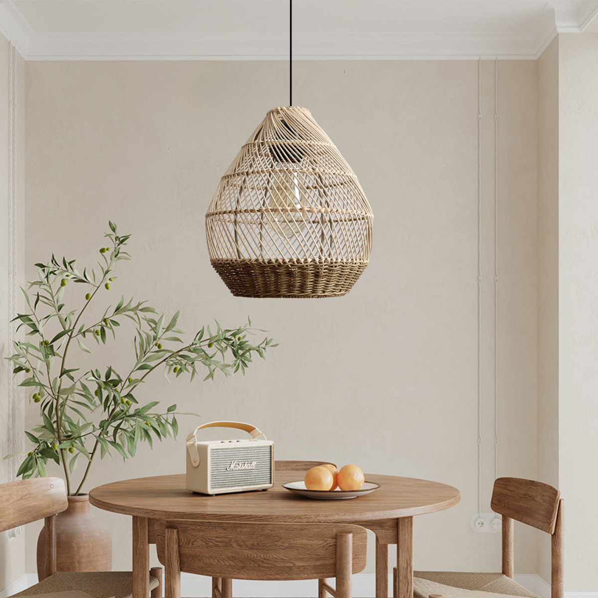 Handwoven Boho Teardrop Design Rattan Iron Pendant Light