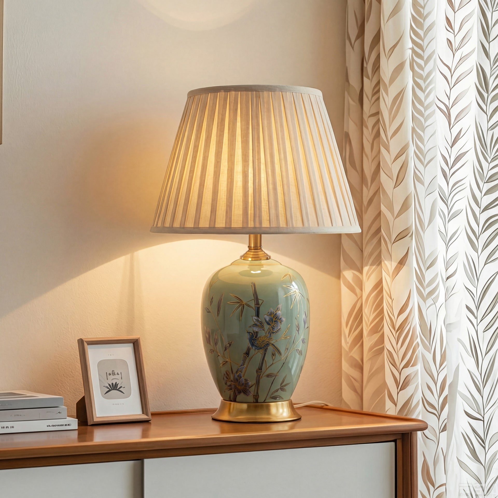 Bamboo & Bird Ceramic Table Lamp Seamless Dimming