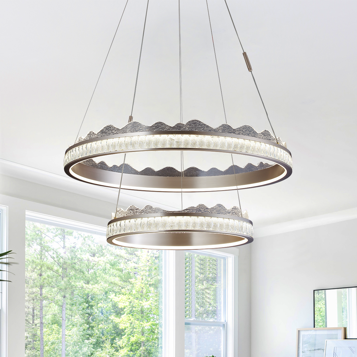 Golden Crystal Dual-Ring LED Pendant Light in Modern Aluminum Design