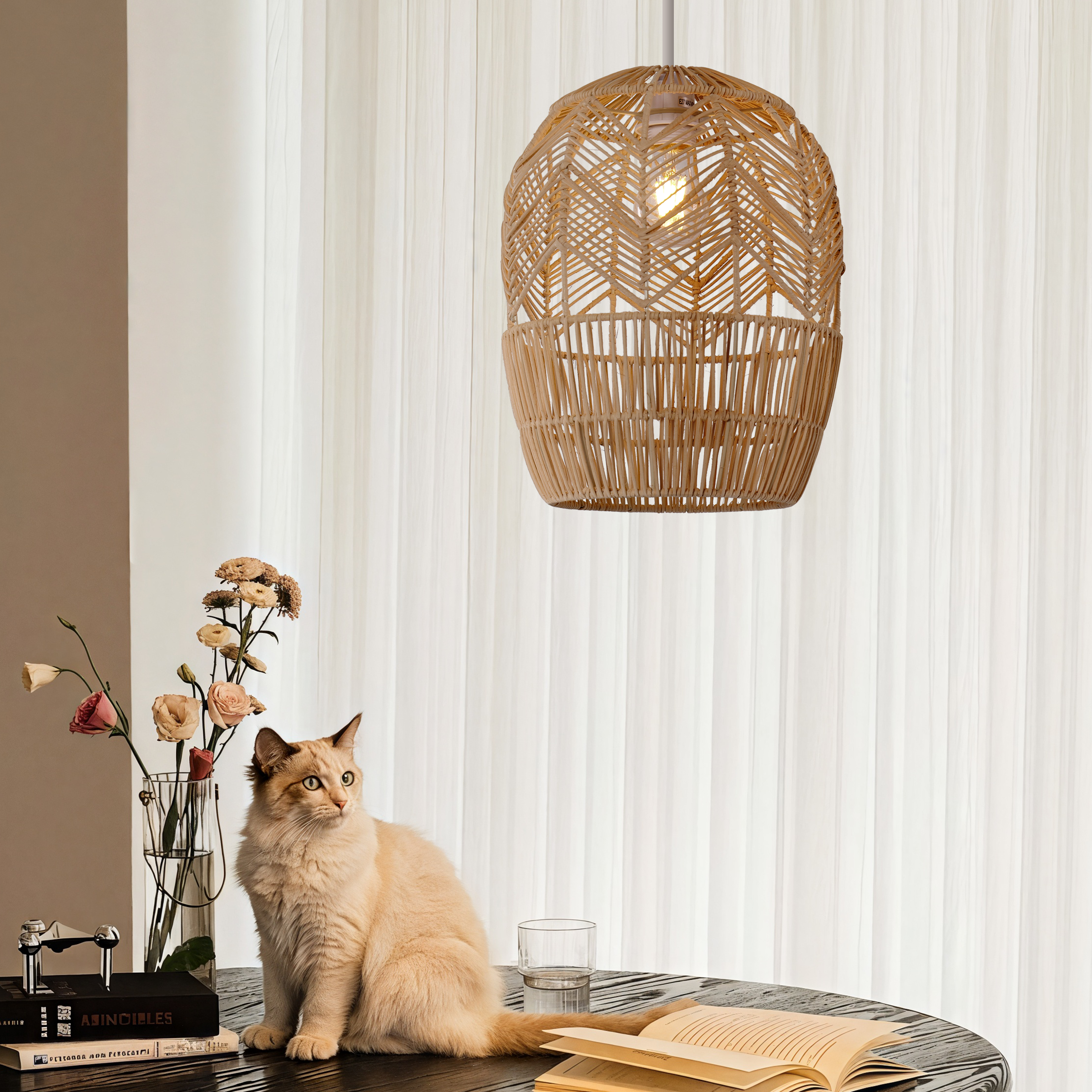 Japanese-style Oval Rattan Pendant Light