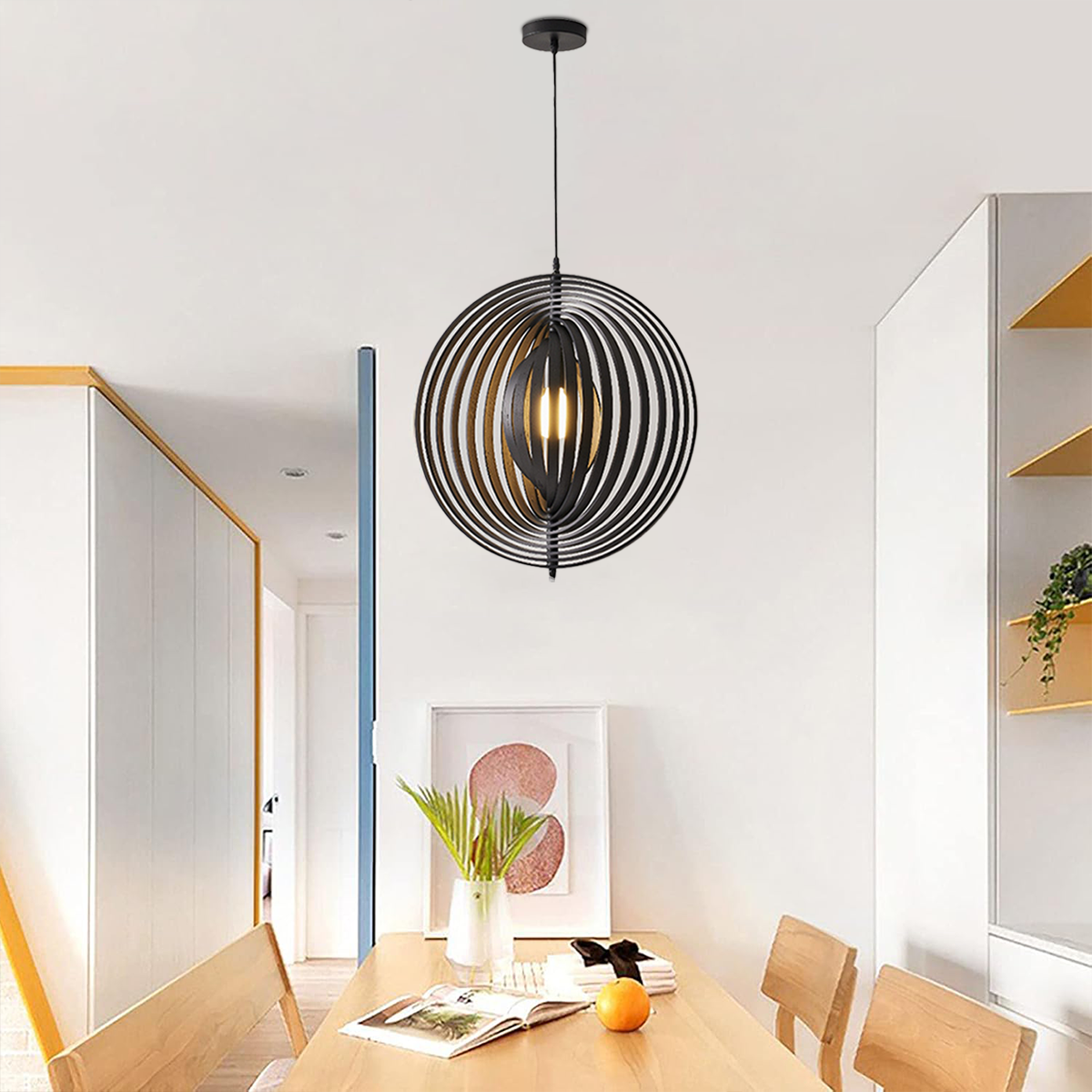 Rotating Circular Moon Wooden LED Pendant Light