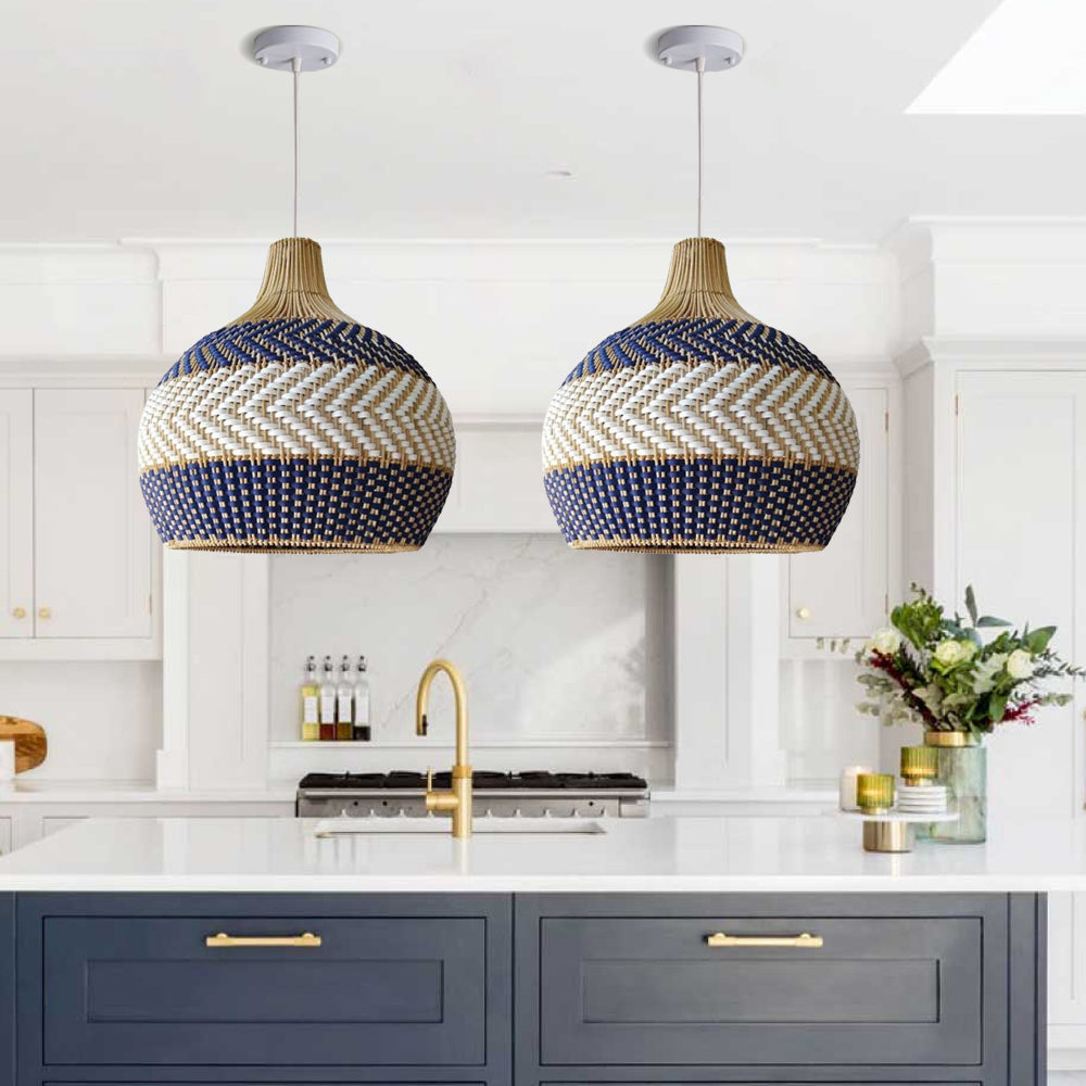 Handwoven Blue and White Rattan Pendant Light