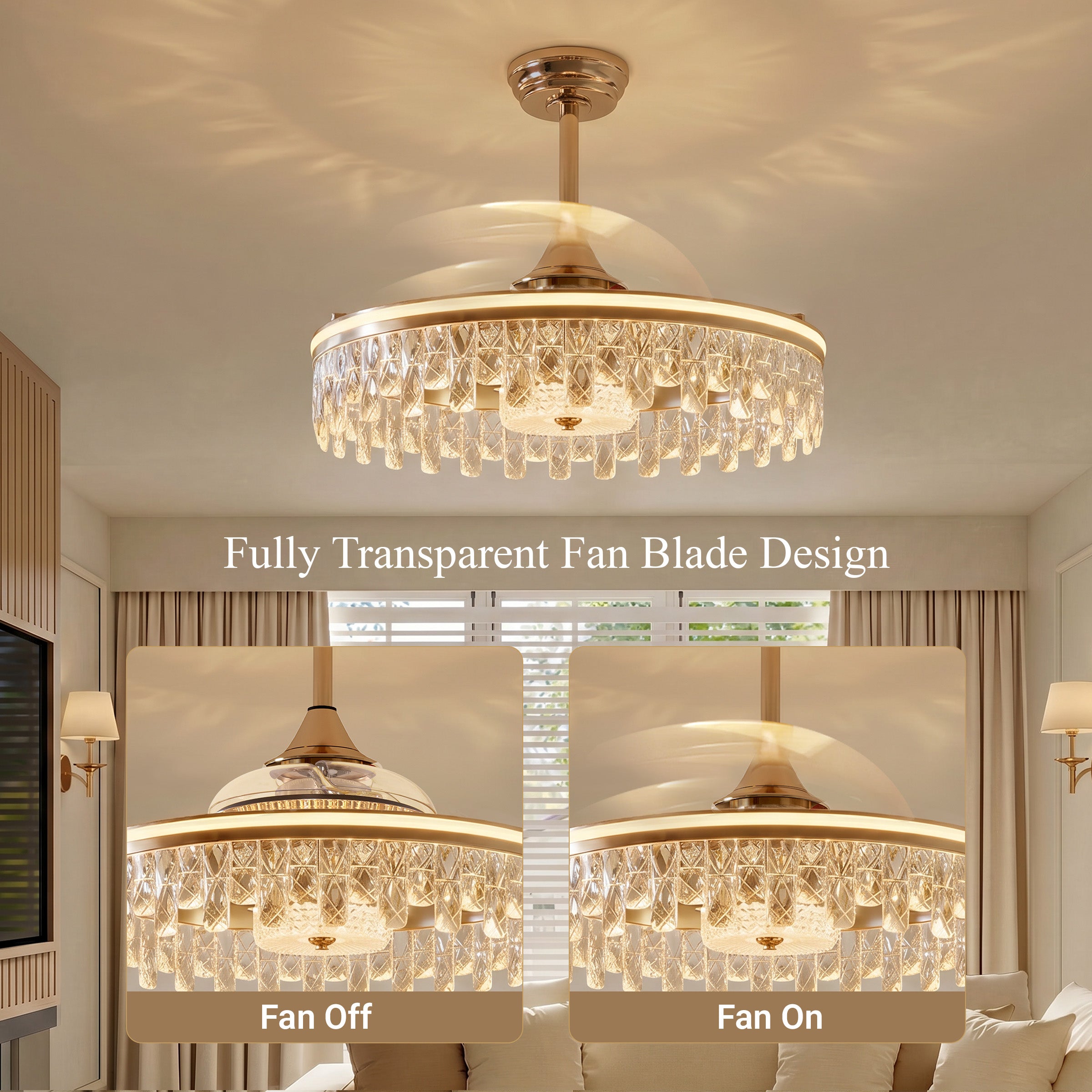 Gold ceiling fan light with adjustable warm neutral and cool white colour temperatures