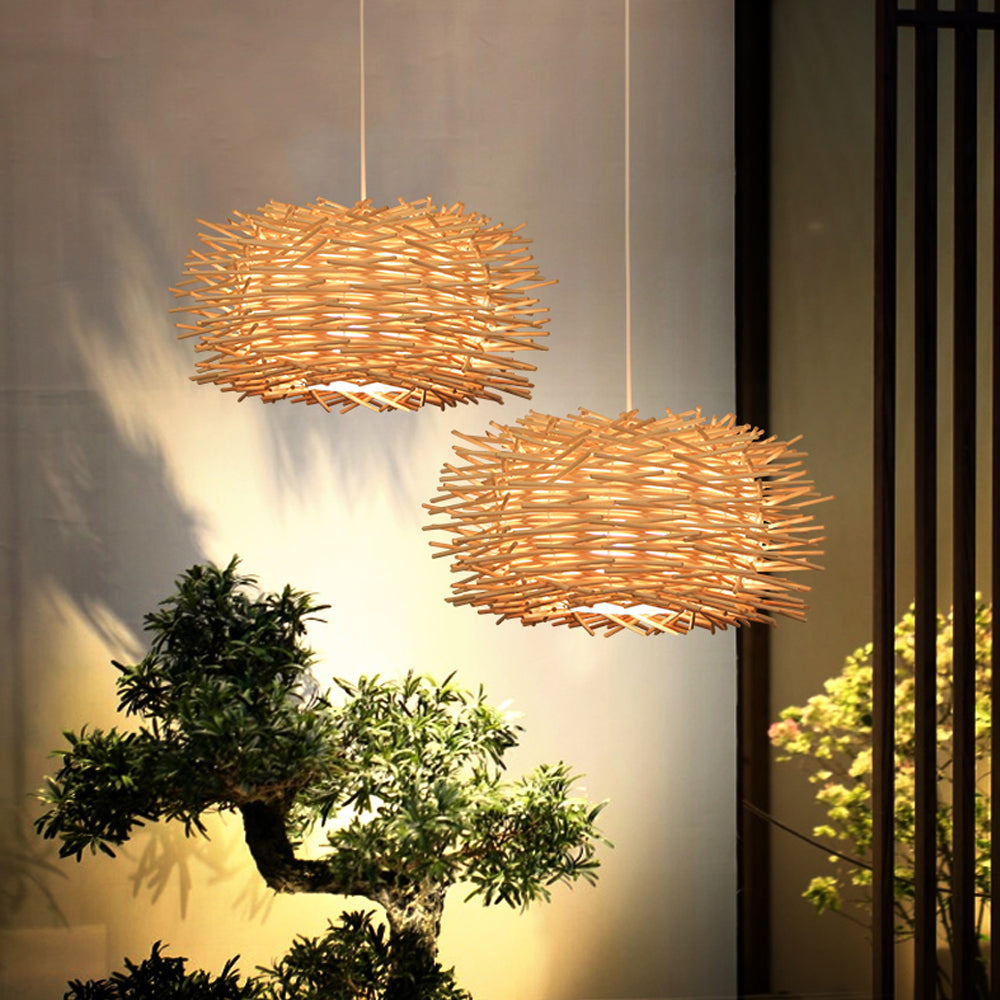 Wood-Colored Bamboo Art Bird's Nest Spiral Pendant Light