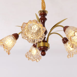 5-light copper chandelier with flower glass shades shown as a clean product view