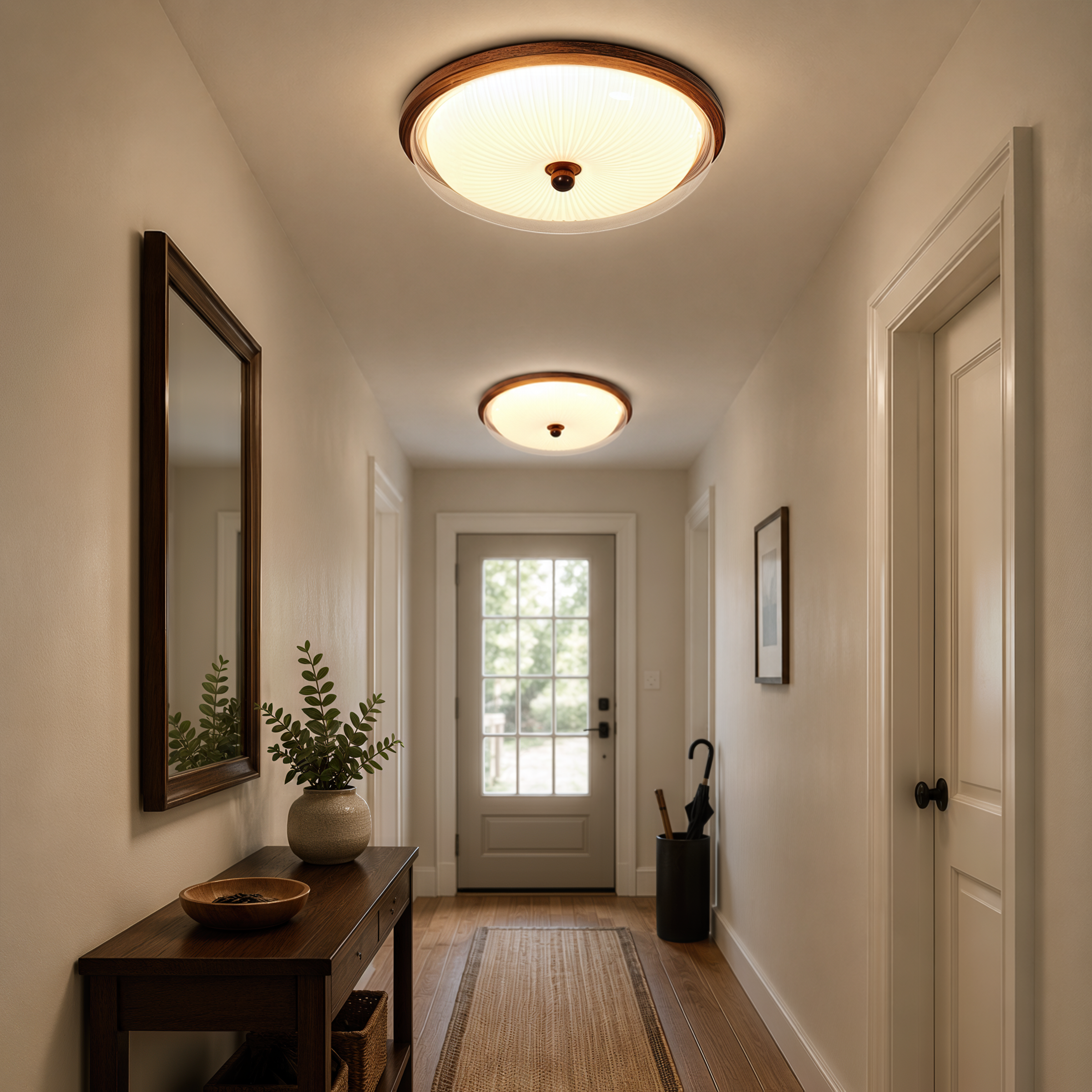 walnut ribbed acrylic ceiling light in a hallway with neat flush fit