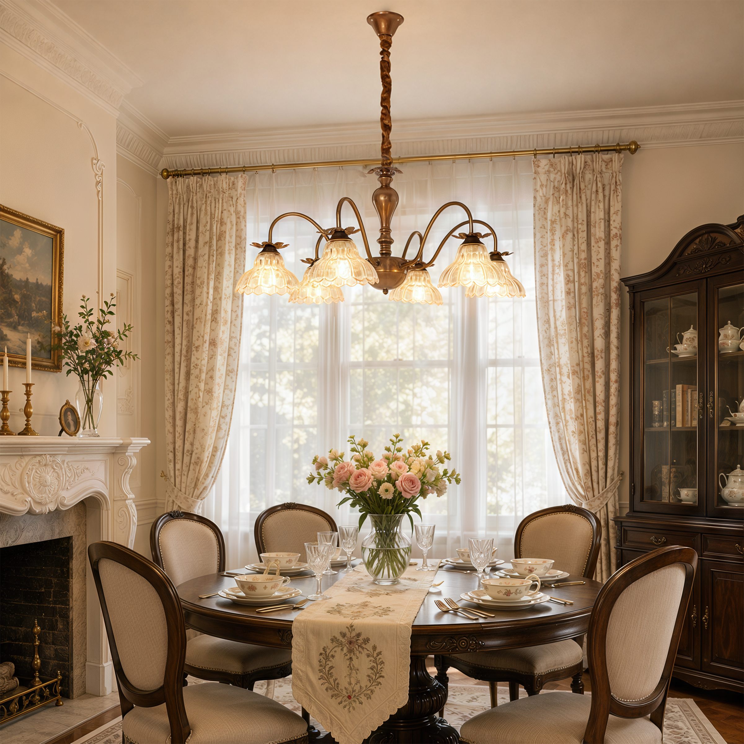 gold 6-light floral glass chandelier with canopy and shade details