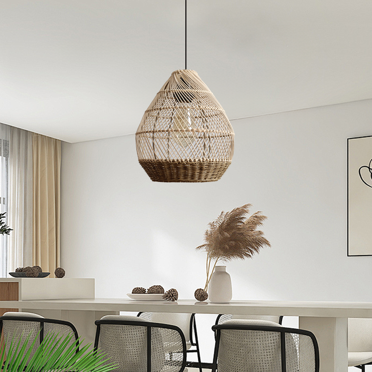 Handwoven Boho Teardrop Design Rattan Iron Pendant Light