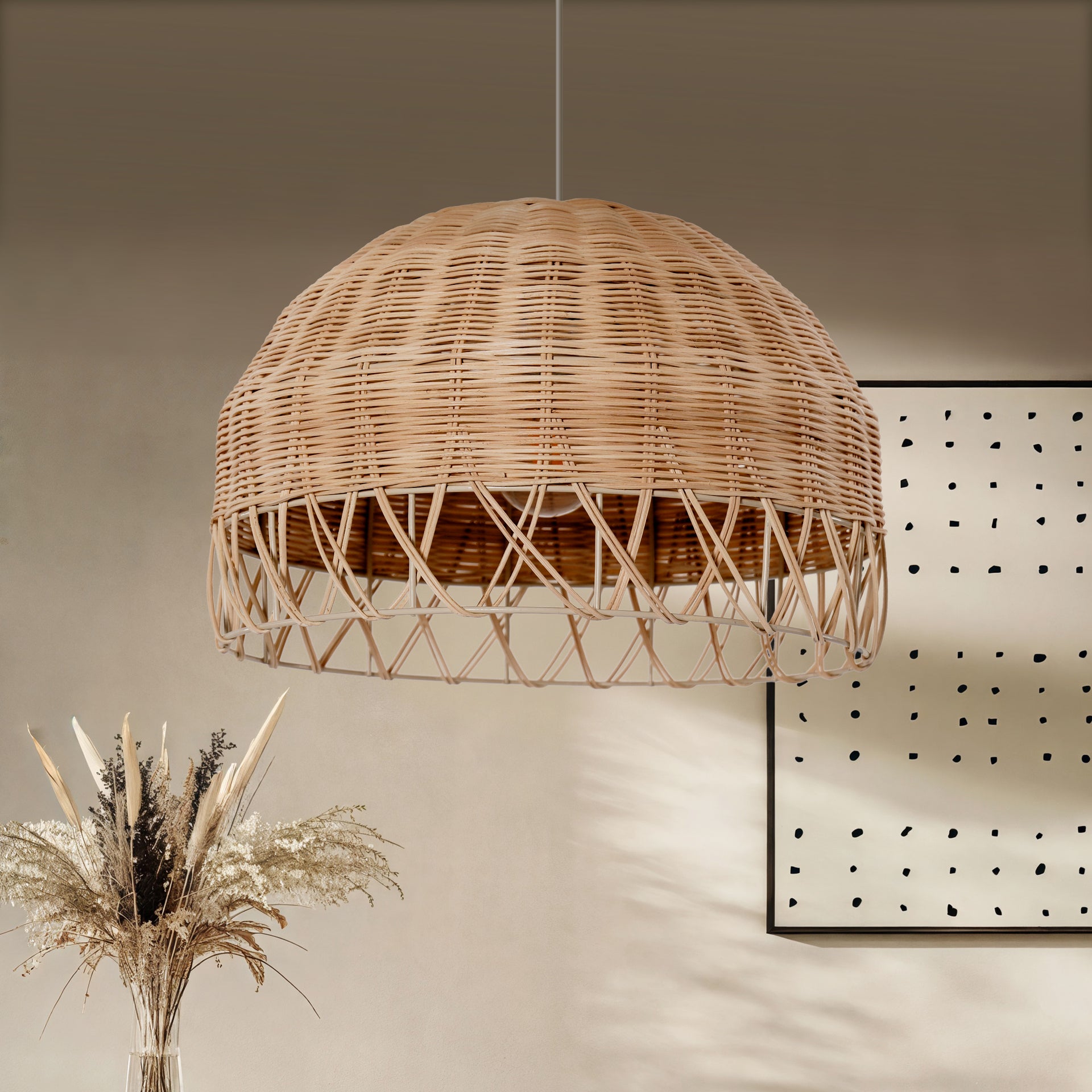 Boho Half Sphere Rattan Pendant Light Adjustable Hanging Kitchen & Dining Room