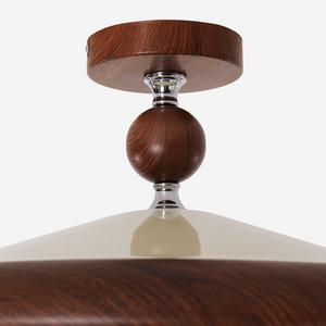 walnut two-globe flush ceiling light in a soft neutral room setting