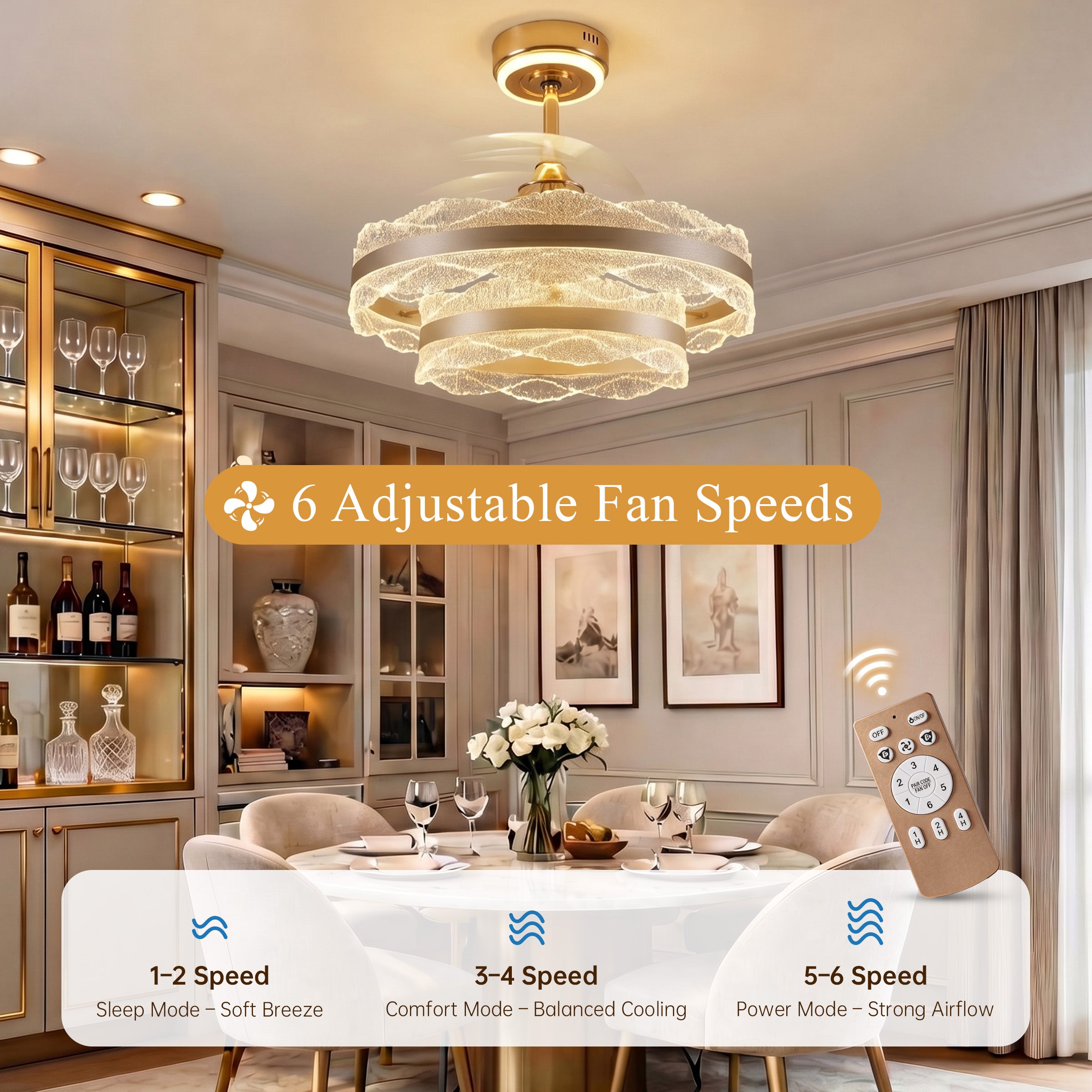 Six adjustable fan speed settings for acrylic ceiling fan light