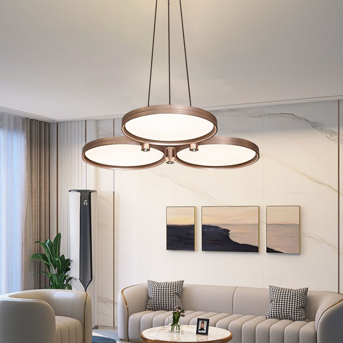 Champagne Gold Triple-Ring Stepless Dimming Pendant Light